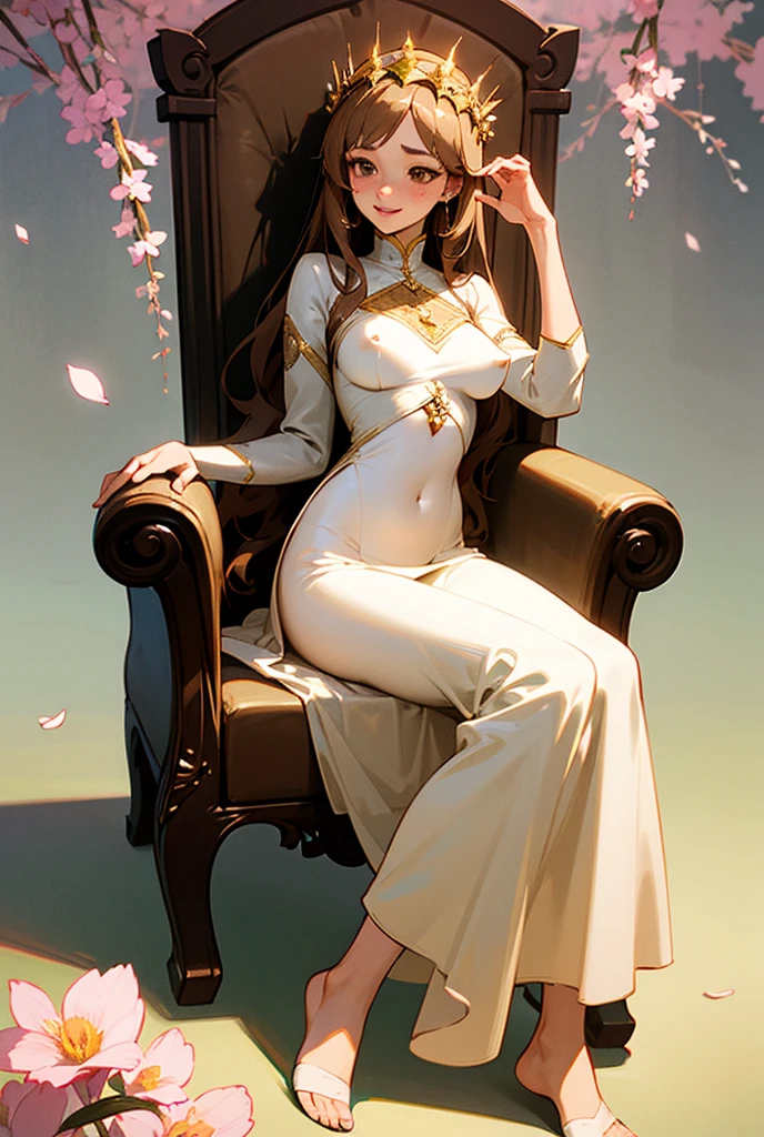 "(Princess), (in elegant western royal attire), seated on a majestic throne sofa, against a lavish royal wall backdrop, captured in a full body shot."