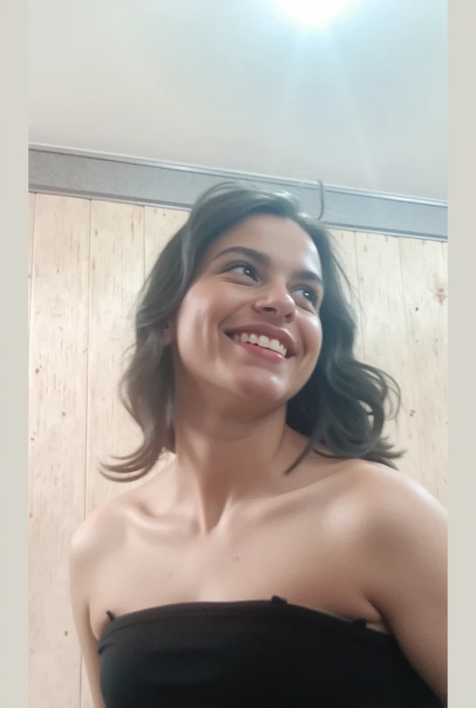 her name is Natividad, middle-aged Qatari woman, (snub nose), (50 years old), (short cranky hair), (wrinkles), 1girl, solo, smile, nude and naked inside the classy bathroom, (((selfie)))