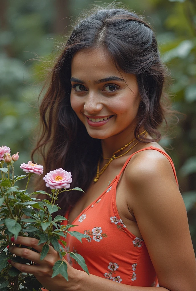 A Brazilian woman in a lush tropical garden, wearing an open shirt with a floral print, with a close-up capturing the harmonious beauty between her breasts and the natural flowers, showing off your natural charm and outgoing personality.