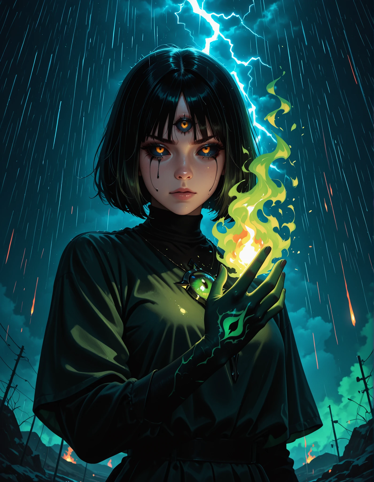 masterpiece,best quality, amazing quality, ((gobo lighting, shadows, dramatic lighting, drastic contrast)), absurdres, 1girl, solo, glowing third eye, burning night, lightning, raining flame, burning rain, bob cut, green undertone, black sclera, black sclera eyes, black tears, black obsidian skin, battle stance, green flame combustion on hand, massive green flame eldritch on palms, eldritch green hands, holding fire, dynamic pose, close up