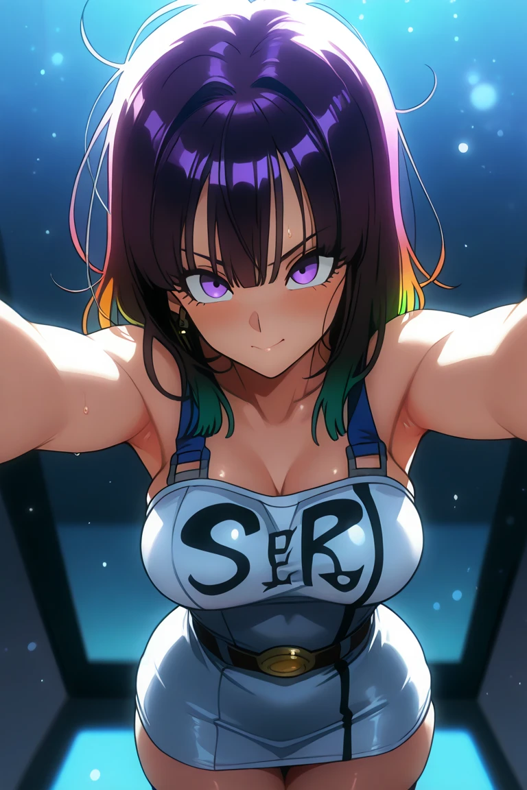 (masutepiece),(Best Quality), Katsuragi Misato, 、beatiful detailed eyes、double eyelid、(Increase the beauty of skin texture:1.1)、hight resolution、highlydetailed skin、top-quality、8k wallpaper、Movie Lighting、large boob、I can see the chest, long eyelashes, glossy lips, (purple hair, twin drill, Patsun bangs, purple eyes), perfect face, cute face, shiny skin, long eyelashes, (big breasts), (slender body:1.2), (Mini T-shirt that fits the body), white t-shirt, Great body lines, Raise your arms and show your armpits, cargo pants, (((I can see the underboob:1.4))), (cropped tops:1.2),lean against the wall, night