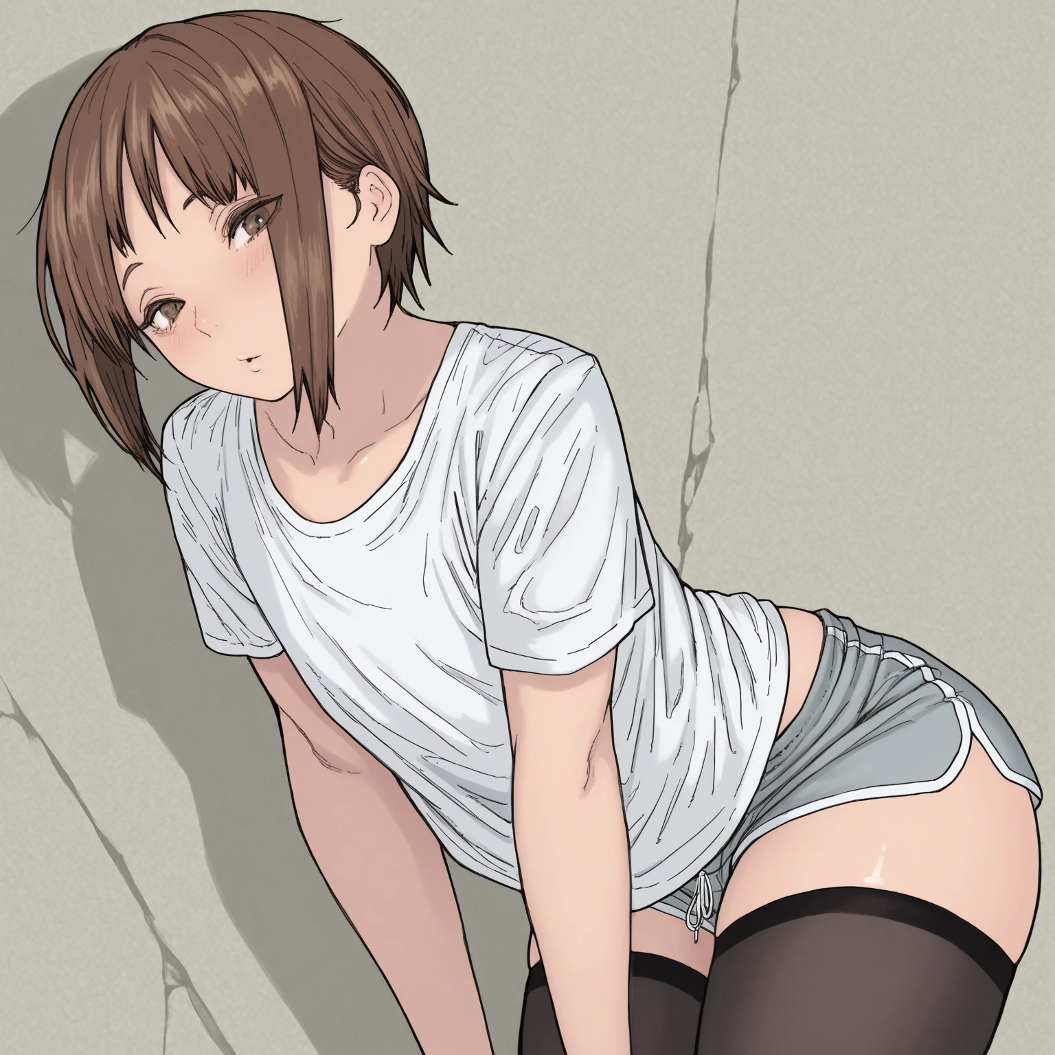(masutepiece, Best Quality), medium shot, 1girl , Indoors, Beautiful, Gorgeous ,large full breasts, cleveage, Expressive eyes, Perfect face, hand on the breasts,  masturbation from below, Spread legs, Raise legs, underboob, White panties, Short black hair, Blue detailed eyes, squatting,open legs