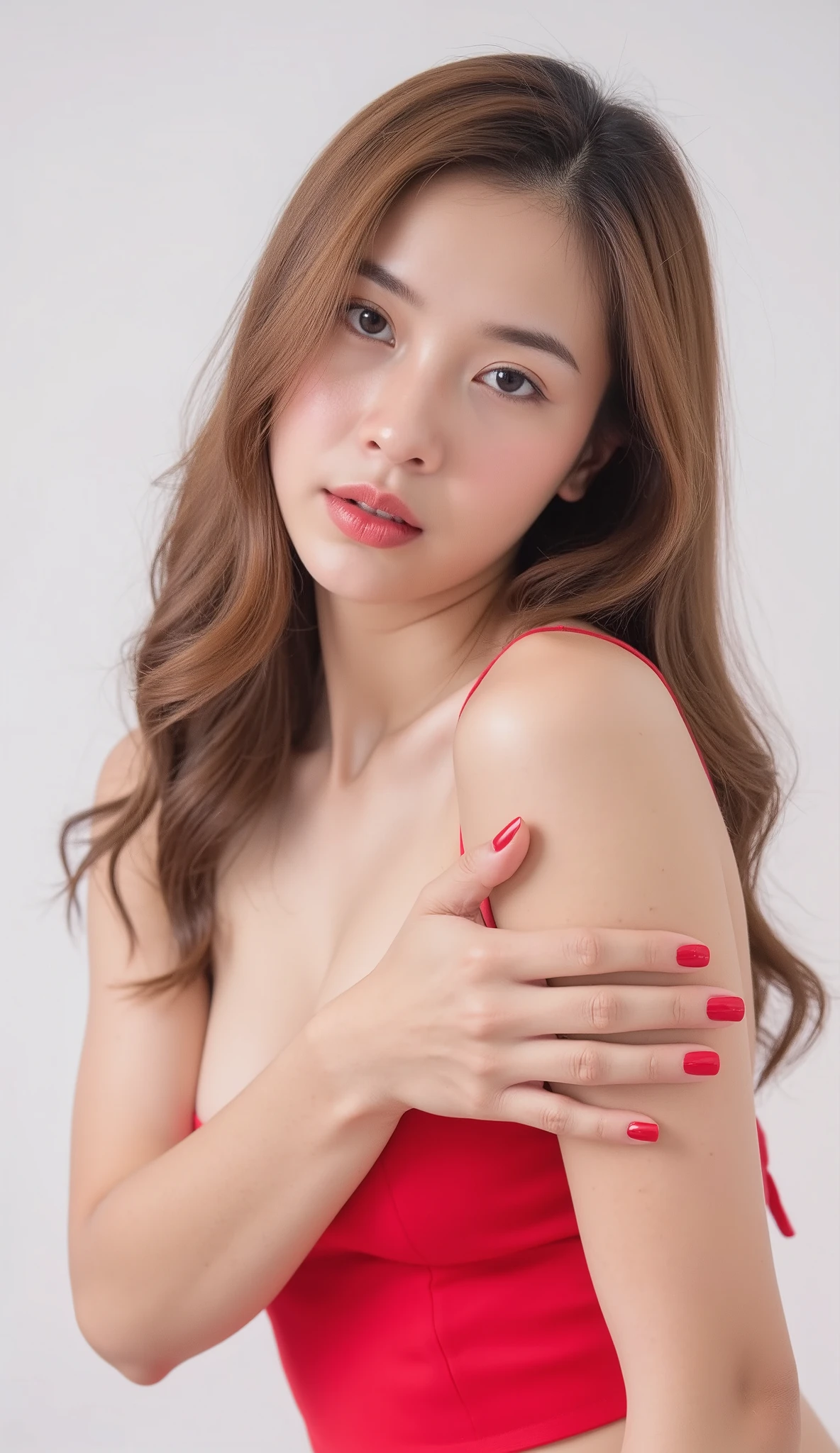 Gorgeus Girl, Beautiful, Baby Face, 20 Years Old, (nude) White Skin, Beside, Sexy Pose, nude, Blue Eye, Muscles, red lipstick (wet glossy), Bokeh, Modern Place Background, Masterpiece, Fullbody Shot