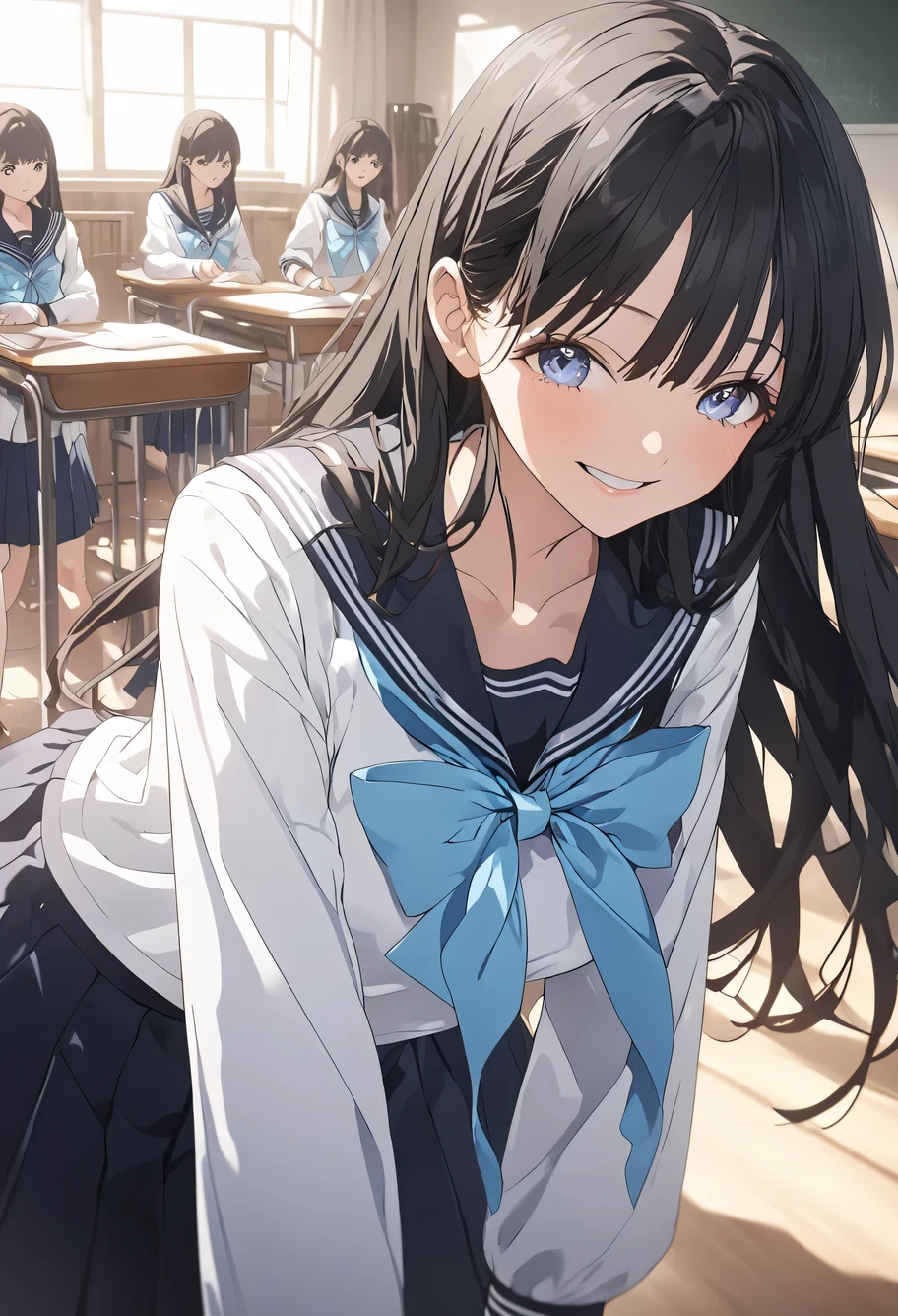 ((Highest quality)), ((masterpiece)), (detailed: 1.4),Anatomical, Award-winning concept art, beautiful, The finer details, score_9, score_8_up, score_7_up, source_anime, komichiakebi, komichi akebi, long hair, bangs, blue eyes, black hair, shirt, long sleeves, bow, school uniform, white shirt, serafuku, sailor collar, neckerchief, blue bow, black sailor collar, blue neckerchief, indoors, classroom, bent over, smile, looking at viewer, cowboy shot, dutch angle, solo, ((Active, avert your eyes, Shyness, 最高のdetailed((非常にdetailedな))(High-definition CG illustrations), Anime Style 4k, Proficient in digital anime art, Anime Art Wallpapers 8K, ))