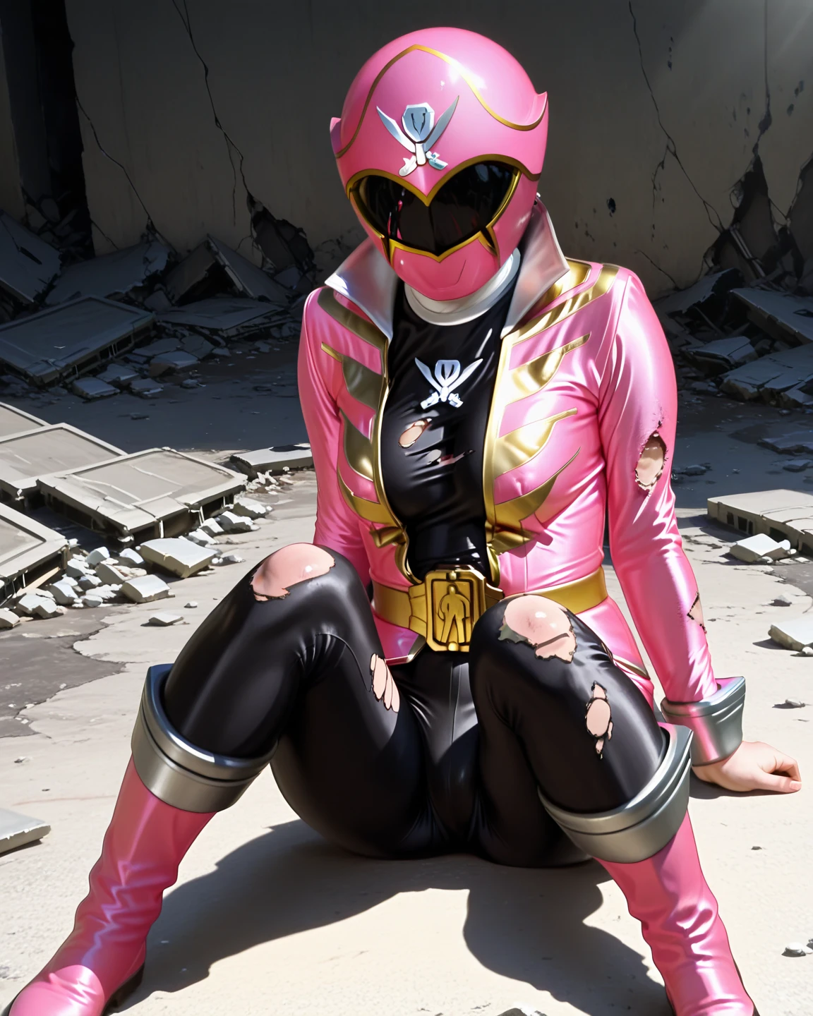 (Masterpiece :1.1, Best Quality:1.1, 16 K, High resolution), 1womanl, (Ultra-realistic portrait of the Pink Power Ranger), Ultra-detailed, Illustration, (Pink Power Rangers Costume, Belt bag, gloves, sentai helmet, Sunglasses, Pink helmet, pink spandex vest, Pink boots, Pink skirt, hyper mini skirt, Gray leggings, White Gloves), (Sit down, tied up with ropes, In an abandoned hut, farms), ((ultra gigantic tits:1.5, Perfect slim body style:1.2)), hyper detailed face, ultra detailed skin texture,