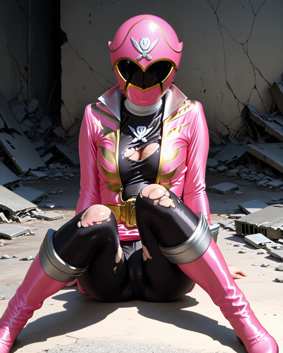 (masutepiece:1.2, a portrait of a hyperdetailed:1.2, Best Quality:1.2, High resolution:1.2, 16K HDR:1.2), reflective light, super beautiful female heroine, ((Anatomically correct)), ((1 girl in)), Solo, ((ultra gigantic tits:1.5, ultra gigantic tits:1.5, SuperHuge boobs:1.5, Face helmet that does not expose eyes or hair:1.3)), (torn body suit:1.3, Exposed nipples:1.3, Full body suit in pink color, latex suit, (Thick and intricate lines drawn on the chest, Lines on the sides of the suit, a belt, the suit is pink、Also includes long gloves, White boots), (Very shiny helmet and suit), Three-dimensional helmet, fighting poses, ((In an abandoned building, underground)), (Tongue out:1.6, long tongue:1.6),