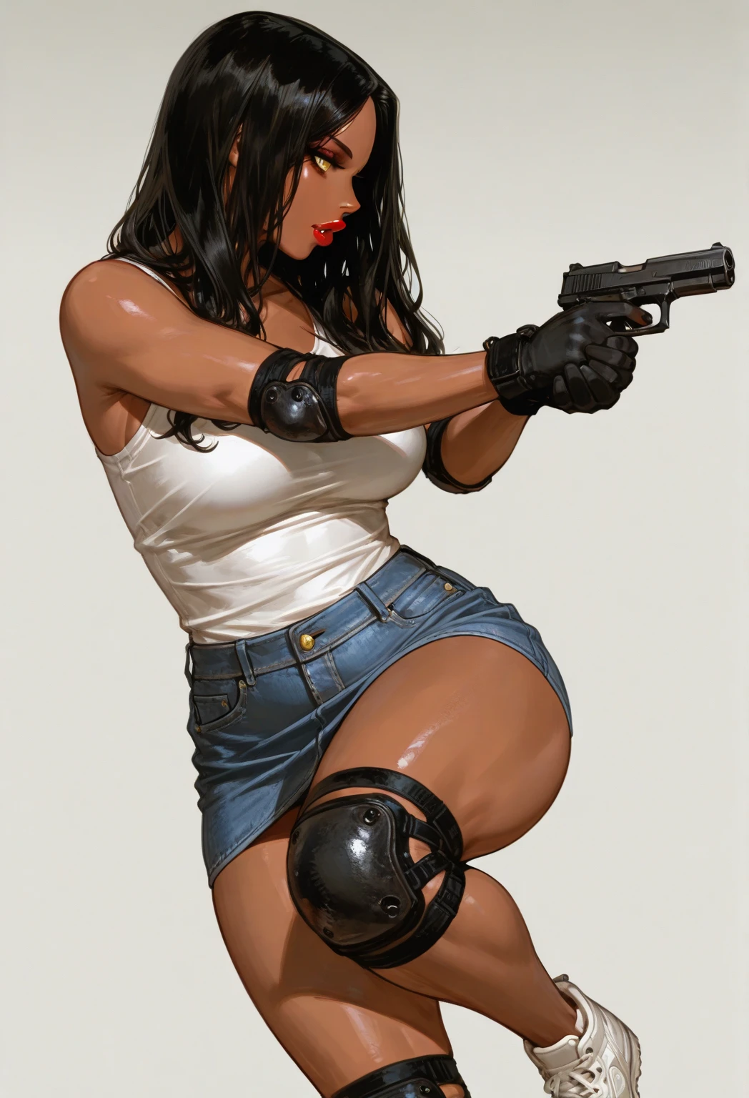 ((Full body shot, standing, feet on the ground))graphic novel illustration, photorealistic, full body of a beautiful young woman, shoulder length black hair, cleave gag, damselpose, yokozuwari, breast bondage, nice black eyes, wearing a leather vest and a white shirt, wearing jean shorts with a brown belt and boots, intricate details, cinematic lighting, amazing quality, amazing shading, soft lighting, detailed Illustration, wallpaper masterpiece, best quality, perfect hands, on the ground inside a garage, bound natural ropes, extra ropes around her chest. She looks at you, her gaze in agony