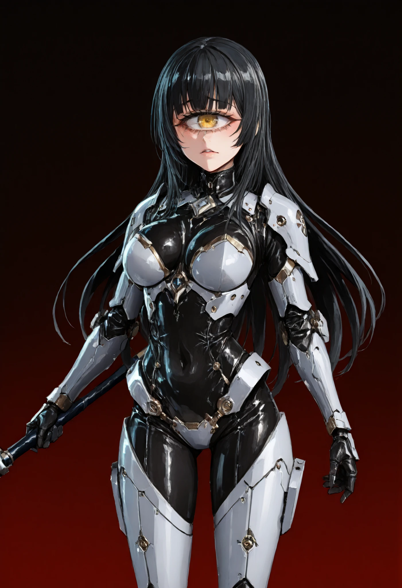 Mechanical warrior girl. Black hair. Long hair. Tied back hair. Yellow eyes. Cyclops eyes. Yandere eyes. Black bodysuit. Light armor. Eye motif costume. Living cloth. Pert breasts. Slim waist. Weapon in hand. Lance.