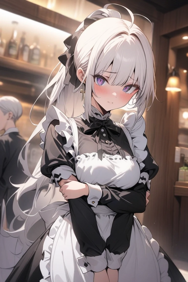 masterpiece, best quality, perfect features, intricate details, ray tracing, newest,(hitenkei, askzy:0.4),1girl, bronya zaychik, solo, maid, maid headdress, maid apron, light smile, pantyhose, open mouth, blush, parted lips, looking at viewer, cowboy shot, bar \(place\), indoors, depth of field  , <lora:Char_Honkai_Bronya_XL_v1:0.9>