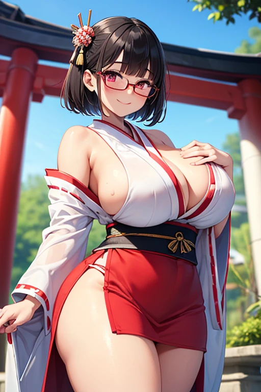 highest quality、High resolution、detailed background、cute10代の美少女、two women、brown hair、bob cut、braided hairstyles、(huge breasts:1.3)、realistic、perfect body line、 pink floral embroidered panties、No bra、cute巫女服、light colored glasses、Glasses、 happy look、smile、sexual expression、Calm atmosphere、 shrine maiden、participate in rituals and festivals、 Perform sacred rituals to offer prayers and blessings in front of the shrine together with the shrine.&#39;chief priest and priests.、 Guide the worshipers、Explaining the rules and etiquette of the shrine.、 It plays the role of supporting worshipers so that they can worship properly.。.、 Seasonal events and events are held at the shrine..、May be involved in planning and management、 Preparation and practice for festivals and kagura、Helping the chief priest and priest at the shrine.、 Shrine management and ritual preparations、Day々business support、 The role of the shrine maiden、This is an important role deeply involved in the maintenance and development of shrine beliefs and festivals.。.、 Activities and services at sacred sites are open to the public..々we are expected to show appreciation and respect、 cute