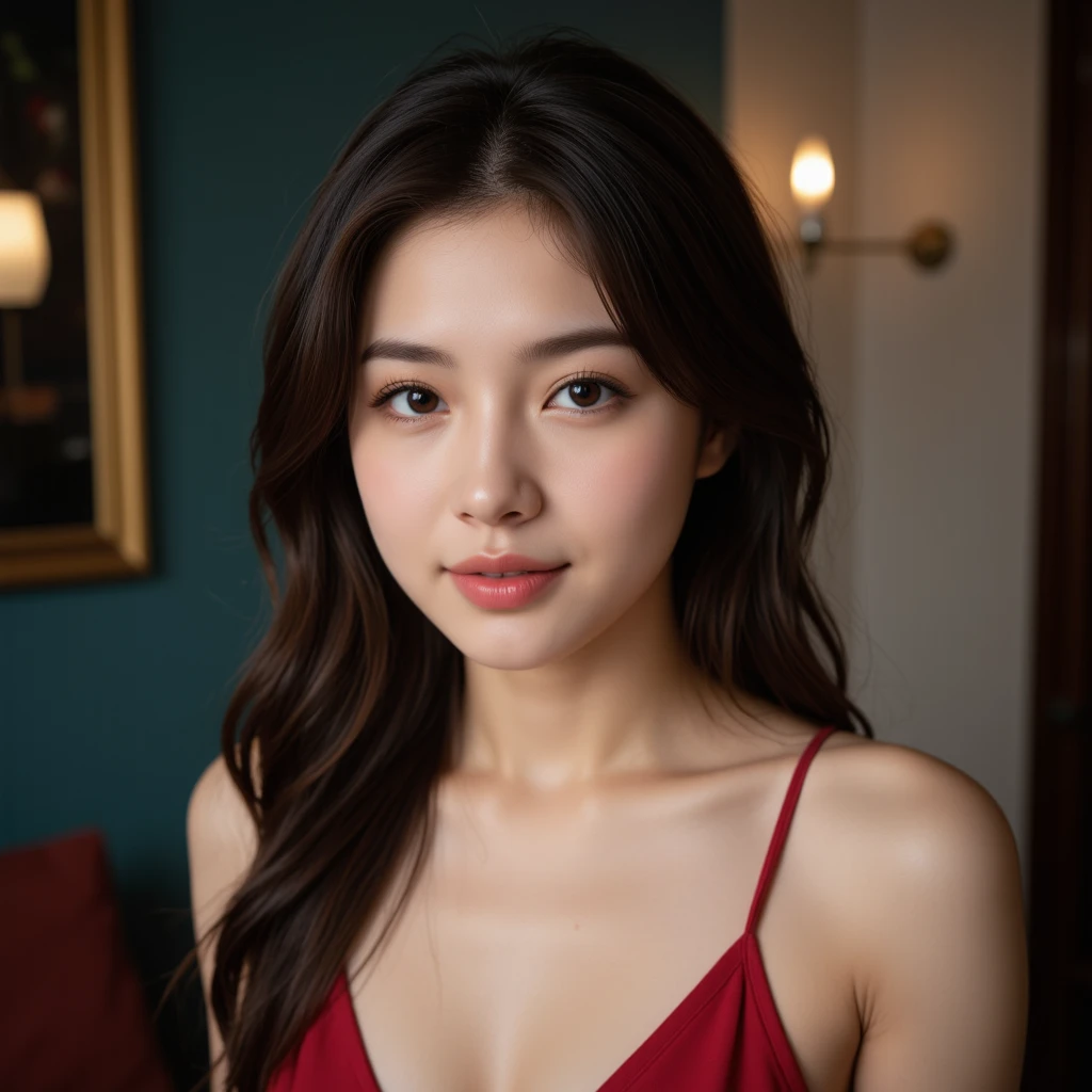 face perfect, beautiful face of a 14 year old Japanese , Smiling beautiful,in red background