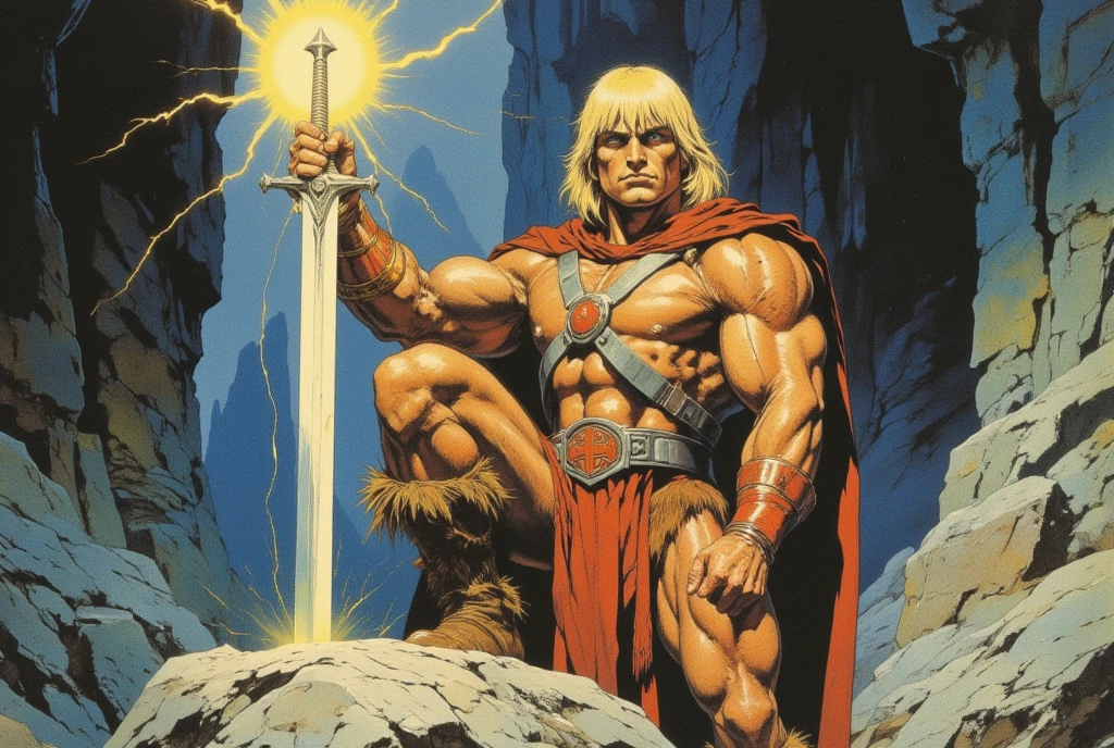 He-Man (holds (a 40kchainsword) in his hand):1.0,  burned cathedral,  ((pulp_comic, heavy_lines, hand_drawn, hand_inked, hand_colored, perfect_face, apxlz))