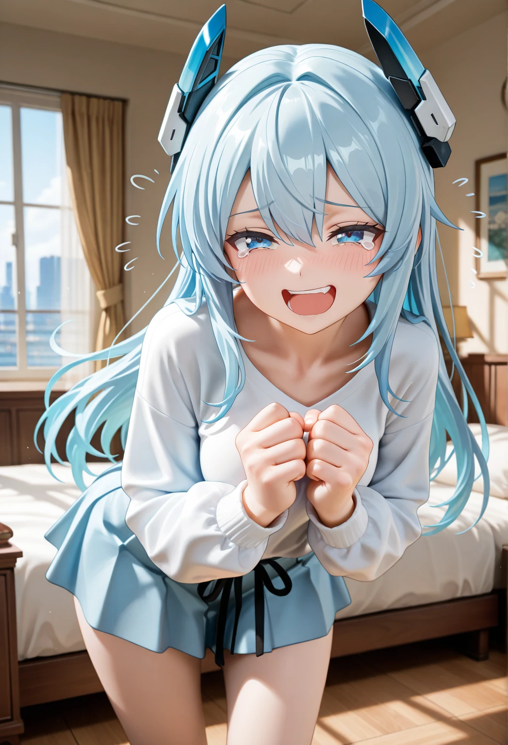(throw_hand, pink vibrator remote switch in throw_hand, throw:1.2), Highest quality, Very detailed, masterpiece, Ultra-high resolution, 8K, Ridiculous, Cowboy Shooting, Blurred, One Girl, Focus on the girl, Embarrassing, blush, Lovely, Tears in my eyes、Open your mouth, What saliva leaves behind, Wet skirt hem, (Sticky panties:1.1), (Light blue striped underwear), Bulging of the vibrator cord, Vibrator with Garters, (Medium Chest), (school uniform), (Cleavage), Sit on a chair, Classroom Background, (Black Stockings), (Thighs), (Waistline),(Beautiful Eyes:1.3)