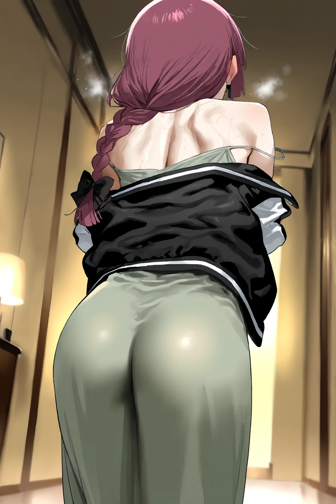 score_9, score_8_up, score_7_up, 8k, high quality, high quality detailed, BREAK source_anime, rating_explicit, (very aesthetic), perfect anatomy, spread legs, perfect human legs, BREAK cowboy shot, (wide-angle photo:1.3), dutch angle, dynamic erotic pose, naughty pose, spread legs, (((from behind))), (((doggy style))), BREAK masterpiece, 1girl, solo, looking at viewer, high detailed pussy in one frame, hand grabbing own pussy, shaved, gaping pussy, (spread pussy:1.4), big clitoris, urethra, ass, anus, BREAK score_9, score_8_up, score_7_up, score_9, source_anime, BREAK MakizeninSDXL, long hair, medium breasts, bangs, skirt, green hair, golden eyes, long sleeves, closed mouth, , jacket, short ponytail, glasses, black jacket, hand on hip, high ponytail,red-framed eyewear, over shoulder, black pantyhose, BREAK large breast, natural makeup, lips, blush, indoors, bed, bed room, on side, night, BREAK zPDXL