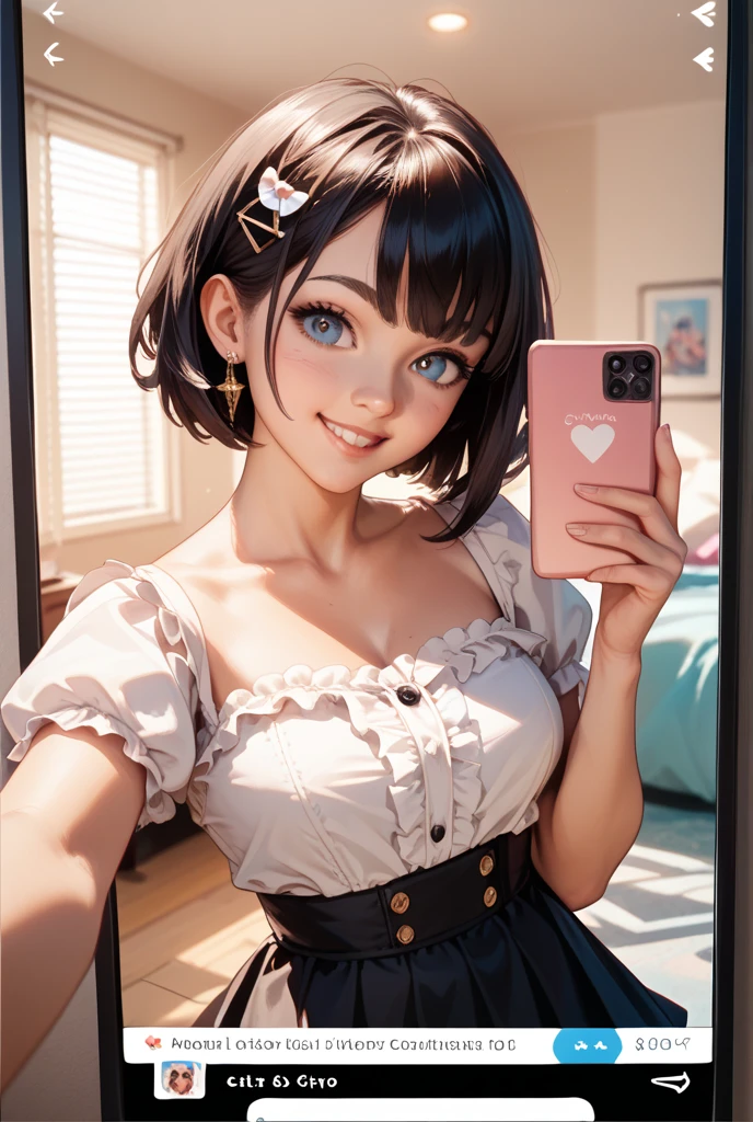 a Demon girl smiling sitting on the floor, taking a picture of herself, frilly skirt, collared crop shirt, attractive pose, cute elegant pose, dynamic low angle shot
