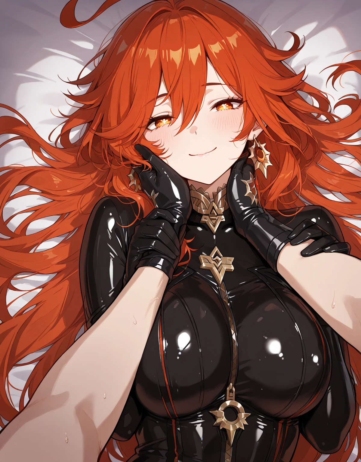 score_9, score_8_up, score_8, rating_explicit, solo, {{background is a bedroom at night}}, beautiful hair, soft purple lighting, blush, Mavuika, symbol-shaped pupils, red eyes, large breasts, long hair, ahoge, tinted eyewear, jewelry, earrings, choker, zipper, bodysuit, clothing cutout, cleavage, black gloves, long sleeves, expression, sloppy spit on face, submissive posture, big breast, full body shot, wet skin, realistic lighting, floating love hearts,white skinned male, Expressiveh, white man, (inside,bed hot(heavy breathing, steaming body,sweating), girl on knees, tired, half closed eyes, upper body, open mouth, beautiful makeup, sweating, from above, frown, sad, girl looking up, girl looking at penis, cum, thick cum, mouth full of cum, cum dripping out of mouth, messy hair, breath steam, excessive cum, bukkake, drool, saliva, saliva string, saliva trail, 1boy, dark skinned male, size difference, gigantic male,gigantic penis, veiny penis, shiny skin, doggystyle, camera from different side, shot on phone, Expressiveh,