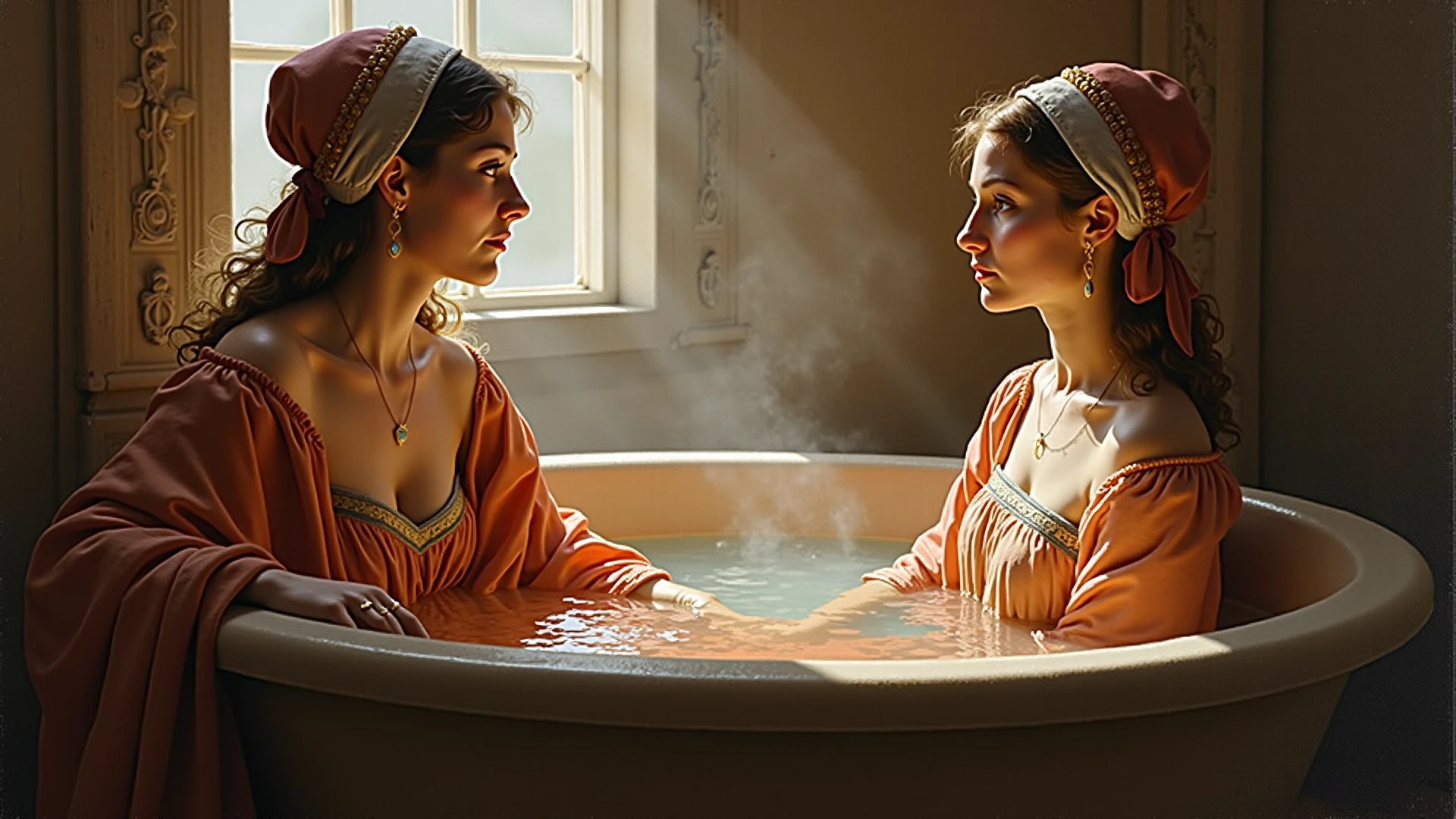 (semi-realism painting:0.5), (water color:0.7), 2girls,
(a lady lies in her hipbath), and (a chambermaid works in the room),
in 16th century style, candlelight,
extremely detailed, soft lighting, cinematic photo,
Canon EF 50mm f/1.2L USM lens at f/2.0, ISO 100, 1/200s,
petite, flat chest,
highly detailed eyes, highly detailed face,
(((((focus))))),
in the style of Johannes Vermeer