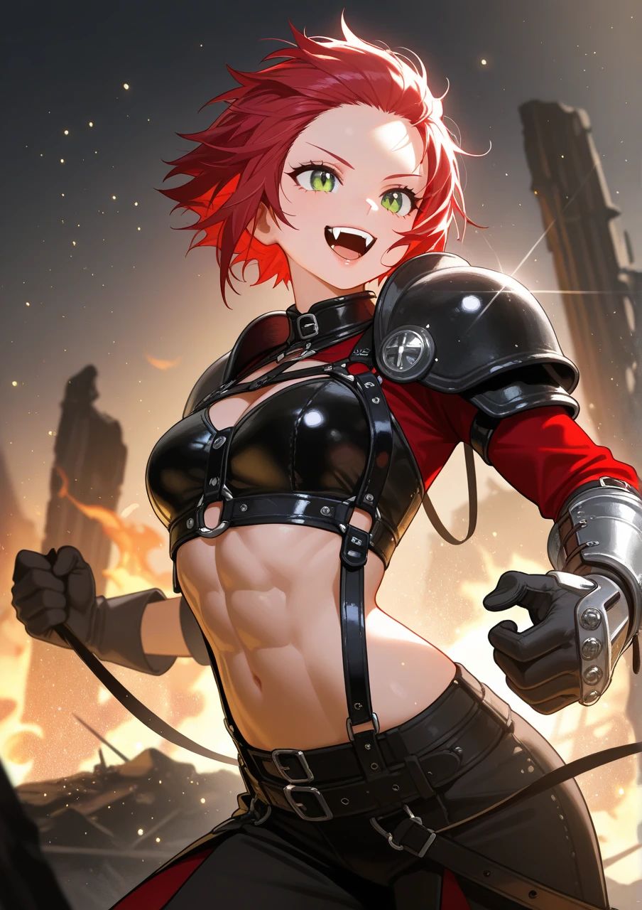1 child, young girl, loli, fragile build, slim, small height, childish appearance, masterpiece, 8k, ultradetailed face, childish face, long blood-red hair, beautiful sparkling eyes, detailed blue eyes, black-red armor on hands, black-red armor on legs, black-red armor on chest, underboobs, exposed belly, belly button, skirt, serious expression, standing in front of viewer, facing viewer, burning fantasy city in the background
