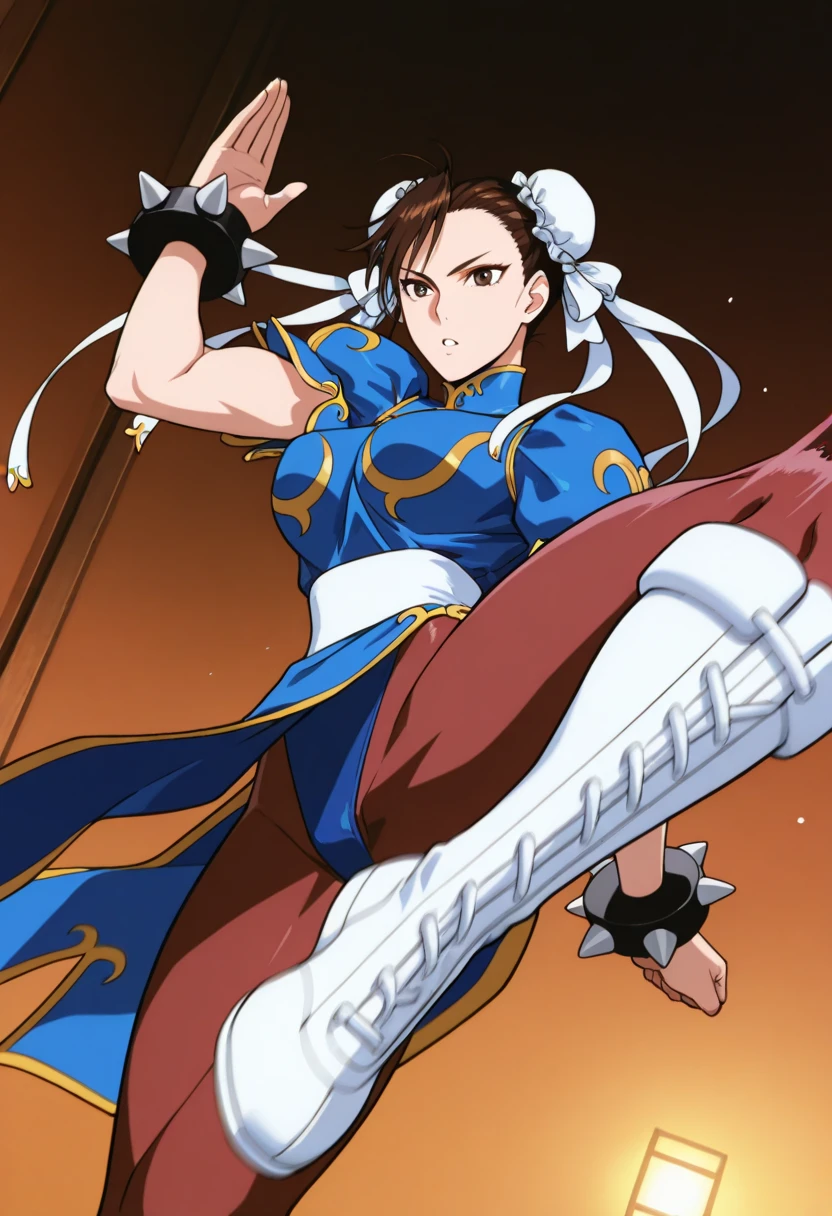 lei kugo, solo, live a live, chinese clothes, traditional clothes, action pose, full body, brown hair, braided hair, cross scars on face, martial arts, action pose, (1girl), medium breasts, ((red chinese clothes)), wanderer, traditional clothes, fighter clothes, pants, gauntlets, elbow gloves, fingerless gloves, full body,(( brown hair)), bread ponytail, braided hair, ((( cross scars on face)), hourglass figure, female, action pose, martial arts, kung fu, background, mountain, imperial chinese, inspired by Masamune Shirow & studio gainax,
