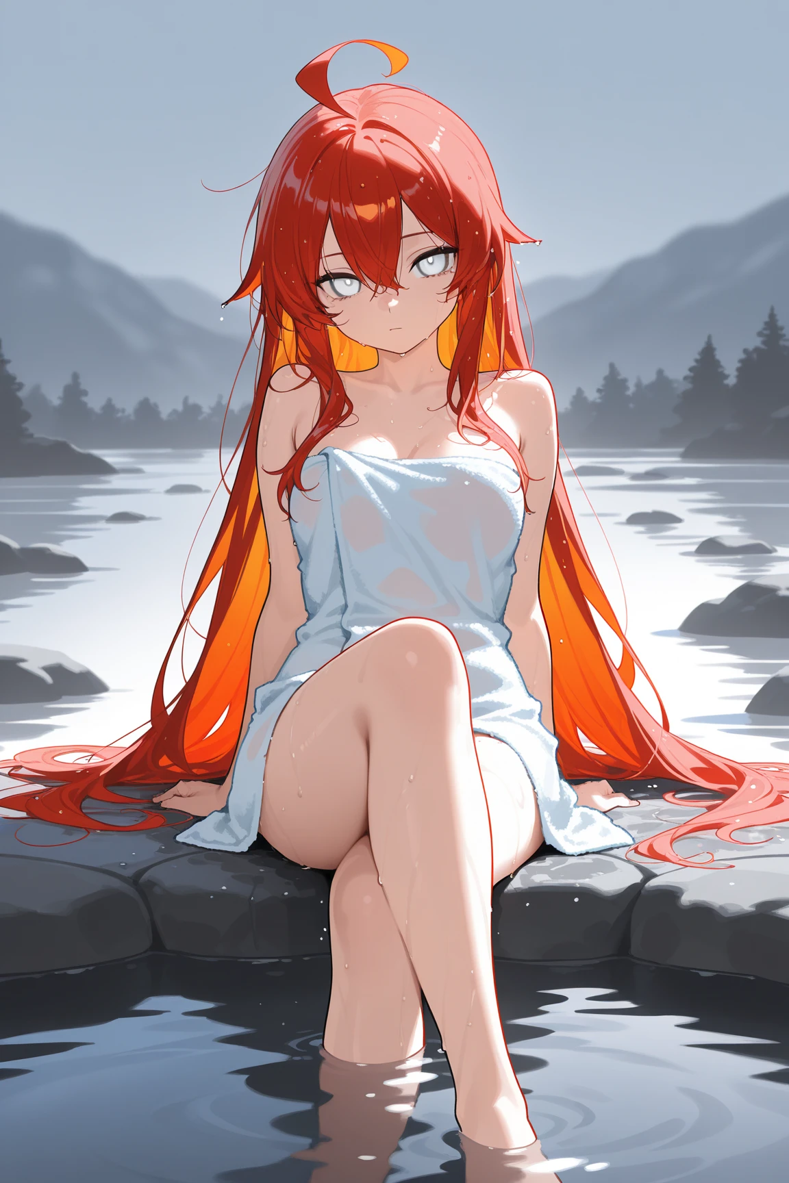 ((best quality)) ((masterpiece)) mondaijiasuka, competition swimsuit, red hair ribbom brown hair, long hair, bangs, braid, blue eyes, , full body, solo, 1girl, outdoors mondaiji-asuka-nai (NSFW 1.1)