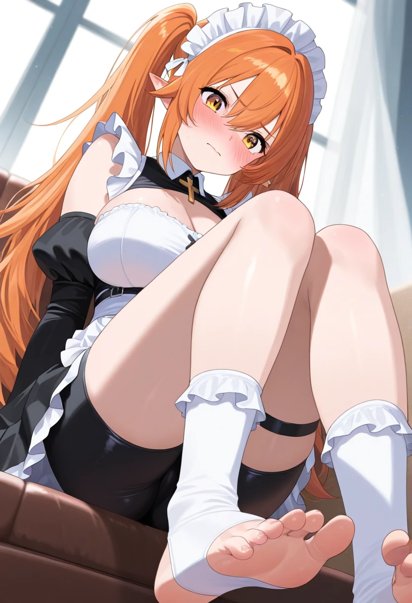 (((masterpiece, best quality))), girl, (15 years old), (skinny), (orange hair), (long hair), (wavy hair), (blue eyes), ((large breasts)), miniskirt Maid, red earrings, (((nsfw))), ((1boy)), (((vaginal, sex))), ((rape)), (imminent vaginal), hetero, nipples, blush, on back, lying, missionary, ((despair)), ((gangbang,5boys)), ((group sex))