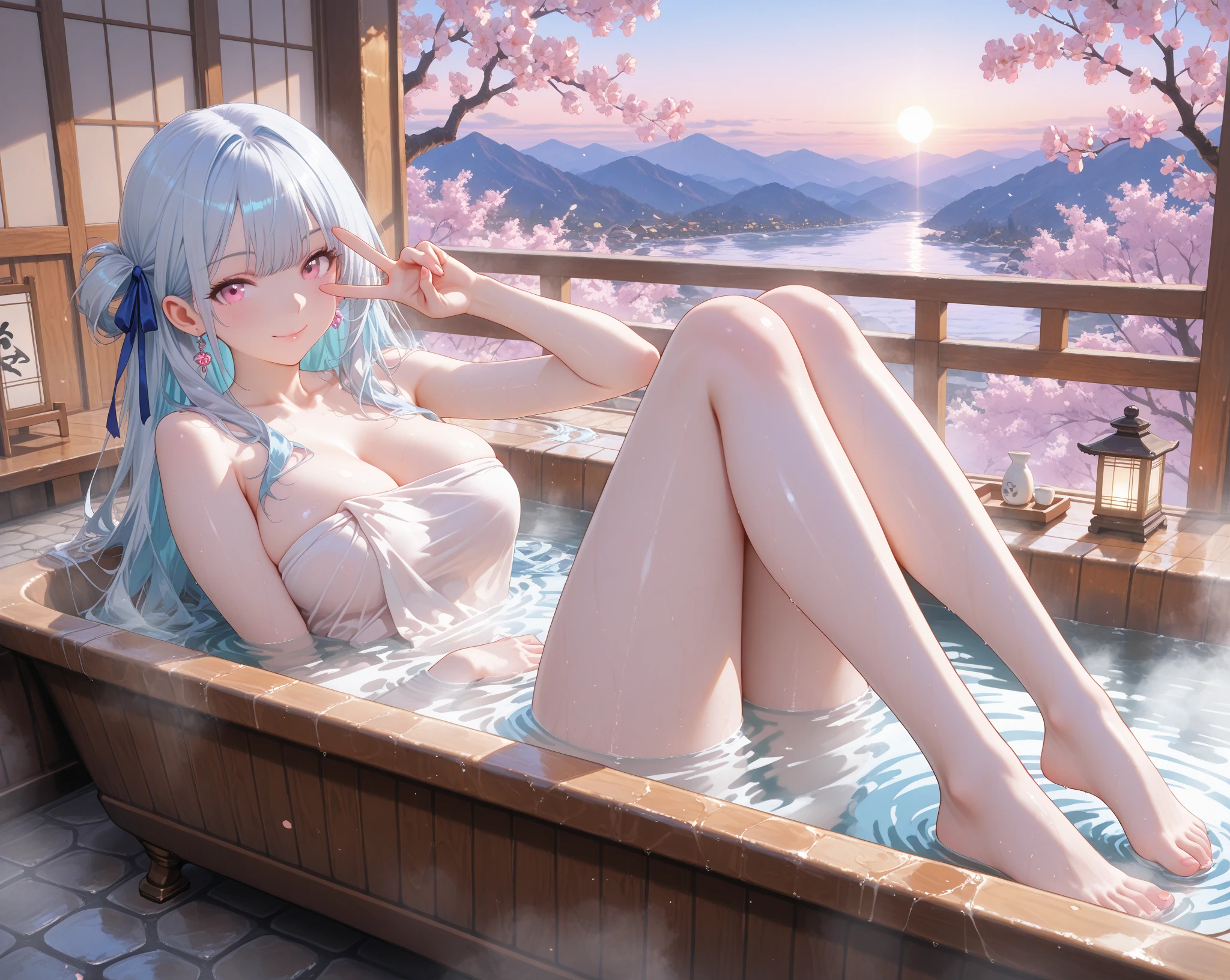 16yo girl, 独奏, tmasterpiece, Best quality at best, realisticlying, ultra - detailed, (shiny skins, perspired:1.5), absurderes, long white hair, Light red eyes,slenderness,Dynamic light and shadow,A high resolution,Sharp focus,depth of fields,The eyes are delicate,Sharp pupils,pupil realistic,(smallunderboob:1.42),(Thigh thick:0.8),White bikini,soaking wet,浴室,Do yoga,Expose breasts exposed ,stroking breasts,The mouth bites into the condom,Petite and cute ,Facial expression nymphomaniac ,The mouth is full of --auto