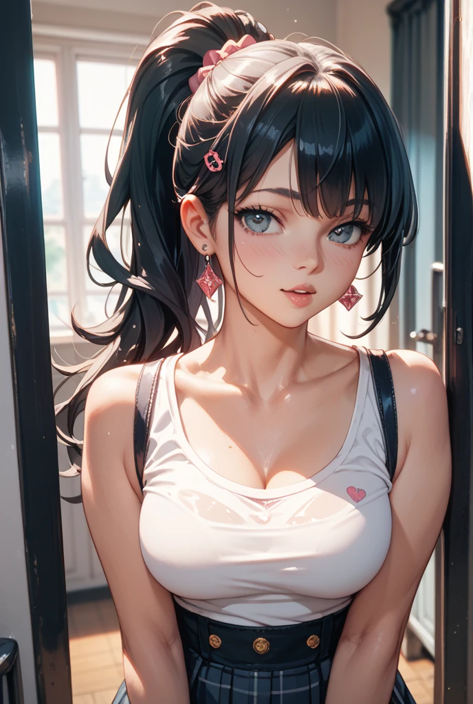 Browsing Caution, {Highest quality}, {so beautiful}, {Very detailedな}, {Best illustrations},,​(Highest quality, 8k, masterpiece:1.3,beautiful girl), (Very detailed)Glowing Skin,(((Long Hair,ponytail,Blue Ribbon,Beautiful Hair))),(Perfect Anatomy, Anatomically cまたはrect, Very detailed肌),((Golden Eyes,Droopy eyes,Narrow eyes,rather thick eyebrows:1.2)),((Perfect Fingers,Five Fingers)), Mole under the eye,Double teeth,Big Breasts,Big Ass,high school girl,Very smiling,((Track and field uniforms:1.2,)),((Athletics Stadium)),(((Natural Makeup))),Sweating all over the body, Blowjob