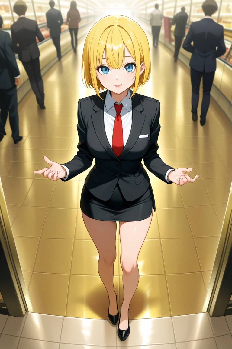 1 tall girl with yellow hair wearing elegant clothes and is a daughter of a businessman