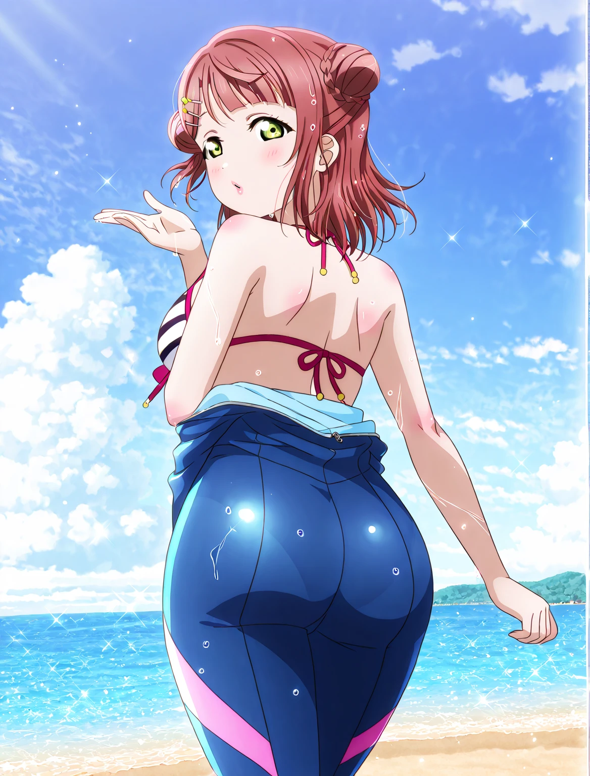 kuroda kazuya, score_7_up, source_anime, very aesthetic, absurdres, rating explicit, 1girl, solo, looking at viewer, blush, cowboy shot, large breasts, makima, braided ponytail, ringed eyes, bikini