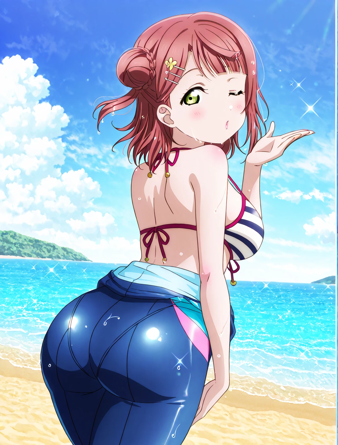A cartoon image of a woman with glasses on a beach, em uma praia, na praia, na praia, em uma praia, em uma praia ensolarada, thicc, Guweiz, standing at the beach, 2 b, 2b, com vista para a praia, standing near the beach, Tran Ross. scenic background, menina perfeita de cabelos brancos, menina anime sedutora