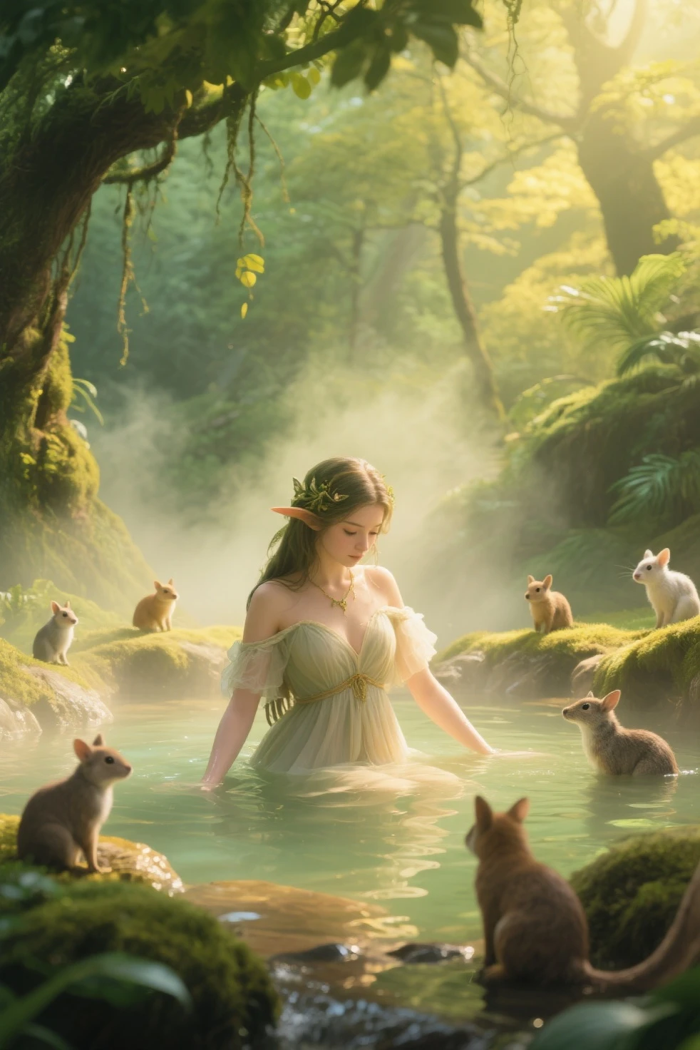 A young woman is bathing in the middle of the forest, with many animals watching.