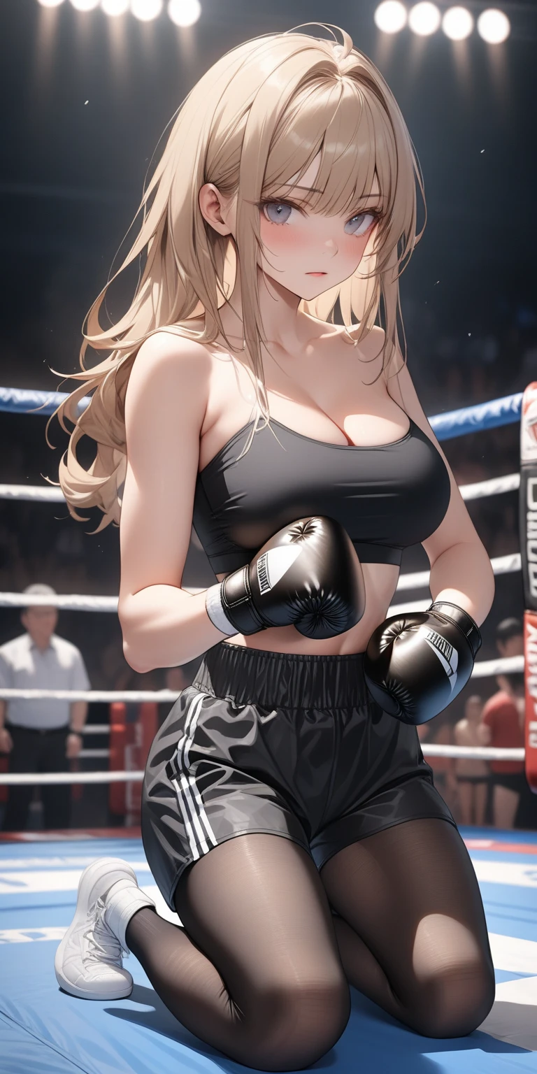 A slim beautiful girl,Good shape,Pretty Face,detailed picture, blush,White long hair,Wearing a strapless sports bra,Four-corner shorts,Black garter stockings,high-heel boots,Wearing black boxing gloves,Wearing black sleeves,Perform standing boxing moves alone in the boxing ring,Large Breasts,Cleavage,Thin legs,nipple,