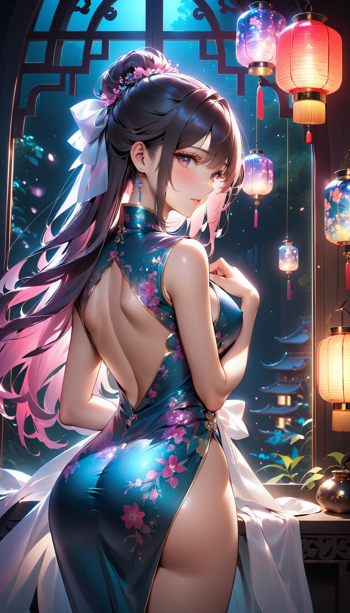 woman standing with her back to the camera:Deluxeなチャイナドレスを着た少女1名,
Smooth, Moisturized and firm skin, tight and sexy cumes,
A corner of the entertainment district, A dark background to make your subject stand out, Large windows, soft light from a lantern,
break (detailed silk texture:Deluxe:Gloss:Smoothness:Sappiness),
break 最高品質, Highest Resolution, Detailed and crisp image quality, 16K, Super Retina,
A beautiful Chinese dress with a delicate pattern, Adult sex appeamelancholy, Feeling Weak, Long hair tied back, 窓から見えるcolorfulな花火,
Detailed and complex, colorful, Transparent full color coating, Light and Darkness, High Contrast,
break 窓から見える豪華な花火, beautiful,
Upper Body Shot,