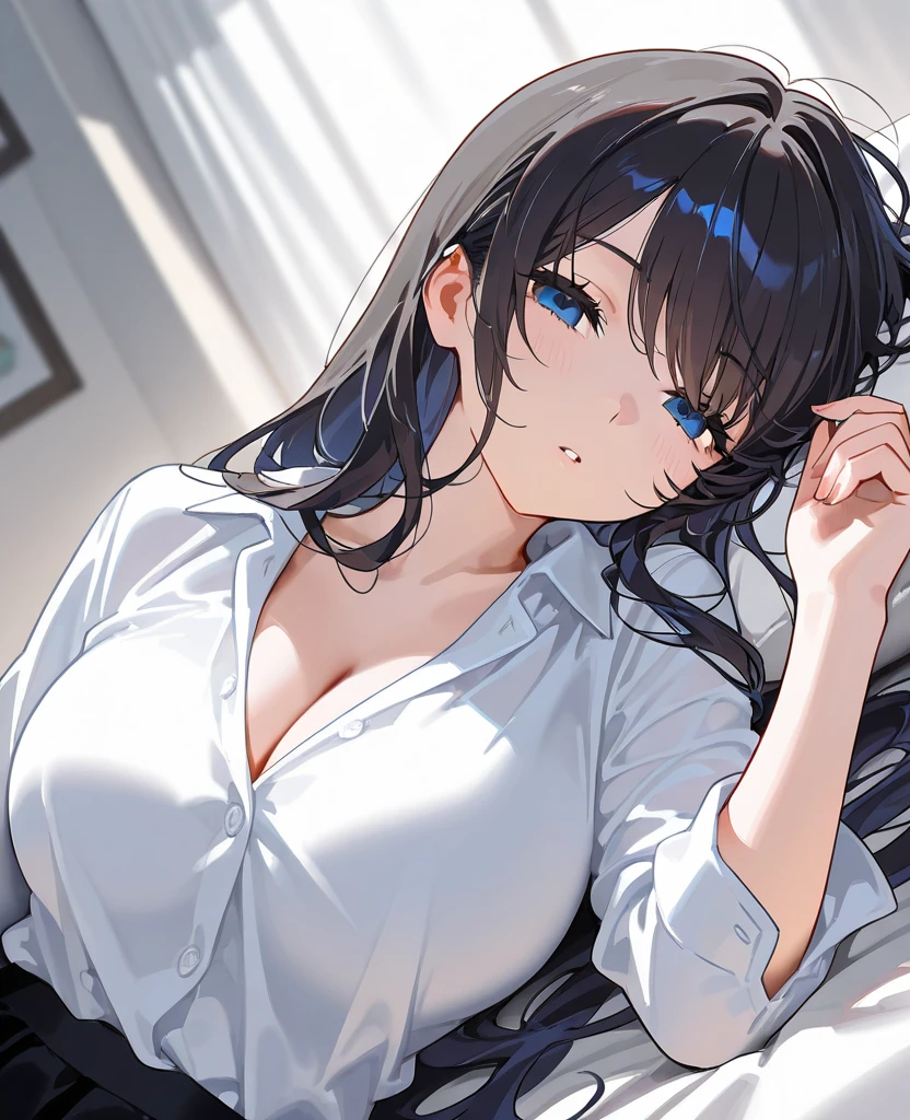 (open arms for viewer :1.5),(looking at viewer:1.5), (on back:1.5),Shooting from above、Realistic, real person, (pale skin: 1.2), RAW photo, photorealistic, portrait photography, shiny skin, shiny hair、 (A 35-year-old woman with bangs) and (wavy hair) and (brown hair) and (Orange Eyes) , (business suit:1.5)and (Wearing a white collared shirt)、 sweat、(blush:1.5),Cleavage、Sleeping on the sofa、(alone:1.5)、Stretching his arms out towards me