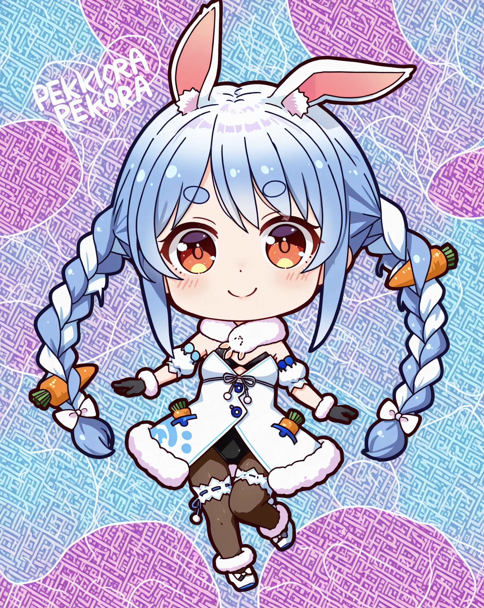 (Chibi:1.2), full bodyesbian、Kigurumi, Rabbit Girl、Rabbit costume、a smile、Rabbit ears、Rabbit tail、rabbit bikini、watercolor paiting, Sunlight, (work:1.2)、heart、teak、Running、
