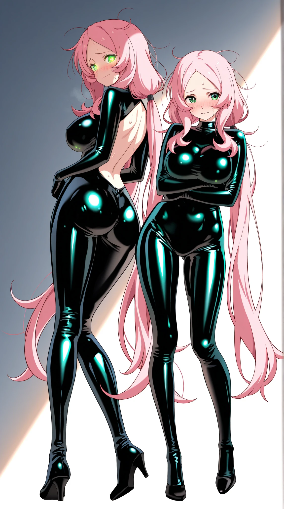 P!nk, masterpiece, leotard, full body shot, cleavage, gorgeous woman, clone, tight clothes, sleek futuristic outfit