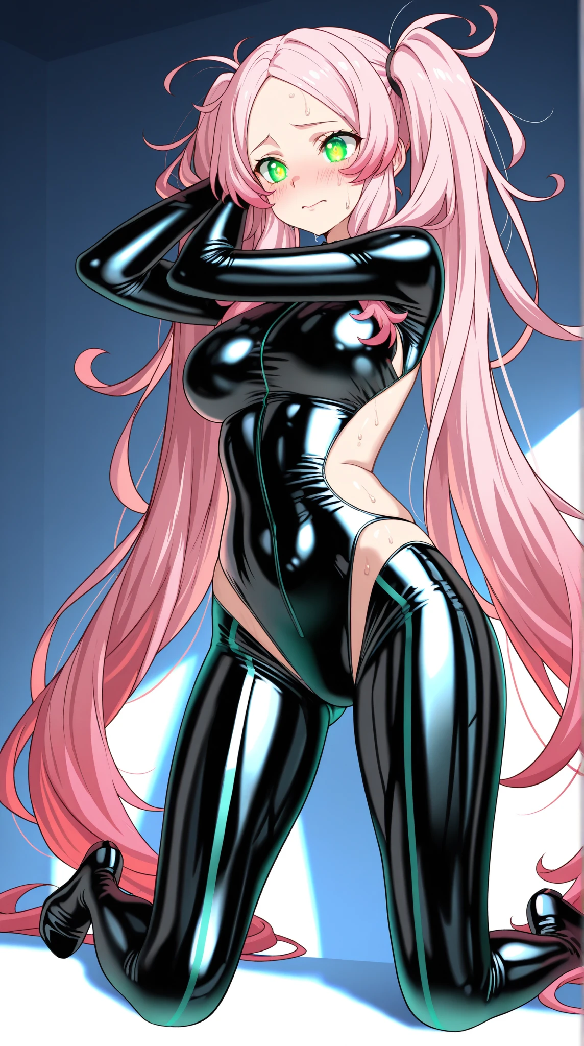 Illustrator, anime , Realistic ,sketch , 1 person, model, Age 25, lip, A revealing black bodysuit, A revealing black jumpsuit, order, Blue and pink gradient background, Neon Medium Hair, Big Breasts, I can see her cleavage, look back, Upper Body, Sexy look, Texture Trim, Canadian, (masterpiece,Highest quality)