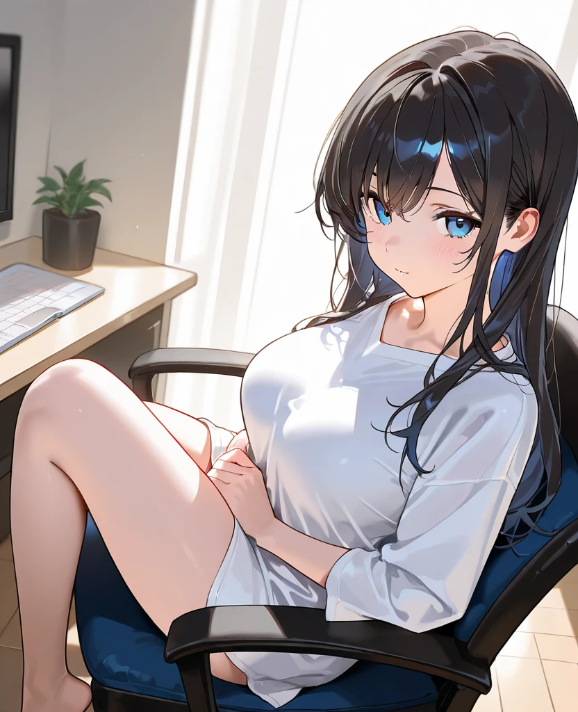 (Masterpiece, highest quality, high resolution, realistic photos, realistic looking skin:1.1), 
(Woman is sitting in an office chair in an office:1.8), 
(Her skirt is so short you can almost see her panties: 1.8), 
(He is looking at her from a slightly higher vantage point: 1.8), 
(She has a provocative, smirking expression on her face: 1.5), 
(She is wearing a gray blazer: 1.5),
(She is wearing a plain white V-neck T-shirt under the blazer:1.5),
(She is wearing a blue skirt: 1.8),
(She is wearing pumps with bare legs: 1.8), 
(Her panties are black with a pattern: 1.5), 
(She has medium black hair: 1.5),
(She is 27 years old: 1.5),
(She has a mature face:1.5),
(She has D-cup breasts: 1.5),
(Location is an office chair in an office:1.5), 
1 Japanese girl, solo, full bodied esbian, beautiful eyes, glowing eyes, glowing thighs, NSFW