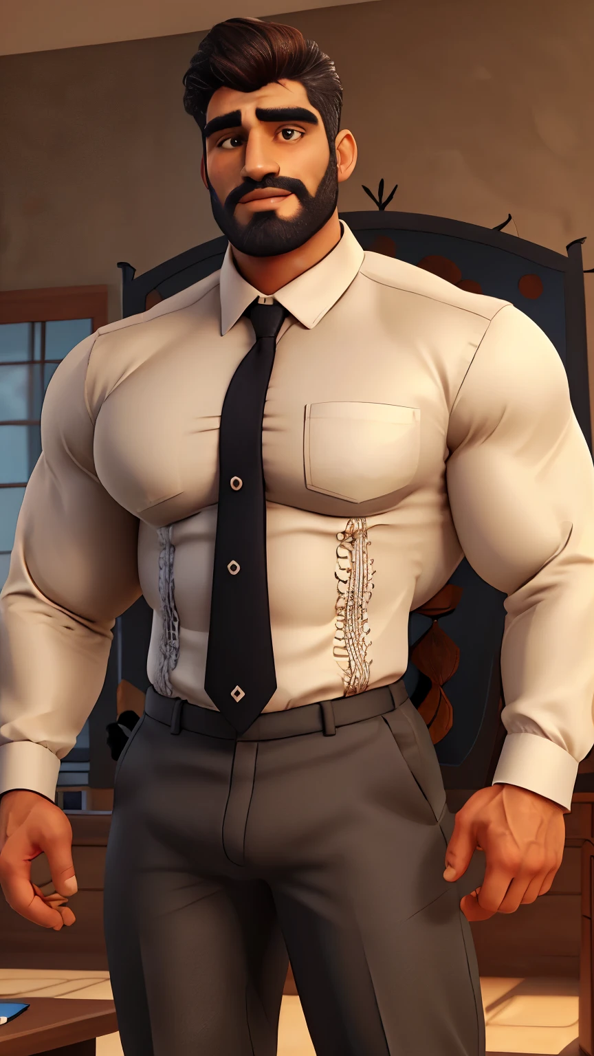 An award-winning original photo,A wild muscular man, chris redfield from resident evil 8, (50 years old daddy:1.1), 1man, Solo, employee, (putting on a black dressshirt, black trouser), gray hair, (big shoulder), (hairy body), musculature, big feet in black socks, stubbles, Short beard, wearing glasses, smiles, Dynamic Angle, volumetric lighting, (Best quality, A high resolution, Photorealistic), Cinematic lighting, Masterpiece, RAW photo, Intricate details, hdr, depth of field, from below, big dick, black socks