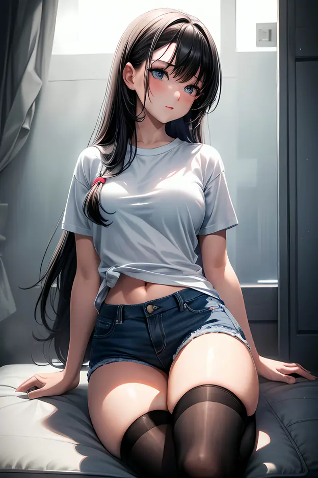 highest quality、1 female、inside the room、black hair、straight hair、long hair、blue eyes、dark room、black t-shirt、blue panties、D cup
