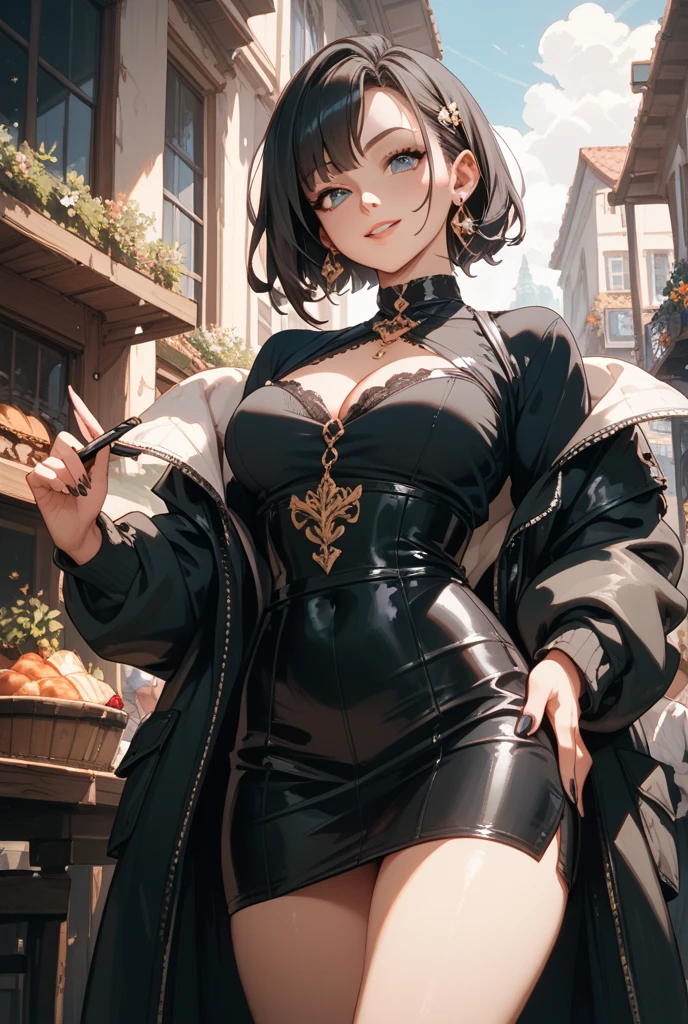 (Masterpiece:1.2), (Top quality: 1.2), Super high resolution, Very detailed,. 
BREAK.
, ((Anime girl standing with happiness in her hands)), Crazy girl, (1,Lolita,Boyish, , 12 years old: 1.3), Light smile, , Girl looking like a boy, Bob-cut hair, Shaggy hair, Very large breasts, nubile, slender body, overflowing with soft fat mass. Small hips, Vertically large eyes, Fine and beautiful eyes, Well-proportioned irises and pupils, Expressive eyes, Beautifully detailed lips, High resolution detailed hair, Perfect eyes, Perfect face, Super dense skin, Full fingers, Perfect lighting,.
 BREAK,. 
((light green necklace)), ((black and red fine dress: 1.3)), light green tie, shining sapphire, lady, wearing white gloves,. 
BREAK.
, (Steampunk), Castle balcony, Skyscraper, Night view, Equipment, Ancient ruins, Tradition, Overwhelming, Magnificent, Steam, Pipes, (Steam spewing out from pipes:1.2), Fantasy, Victorian other world, Early 19th century, Road, trees, clouds, night sky, shading, effects, detail. Masterpiece background,
BREAK.
((Positive: 1.3)),. 
BREAK.
, digital animated art, cartoon-style illustrations, cartoon illustrations