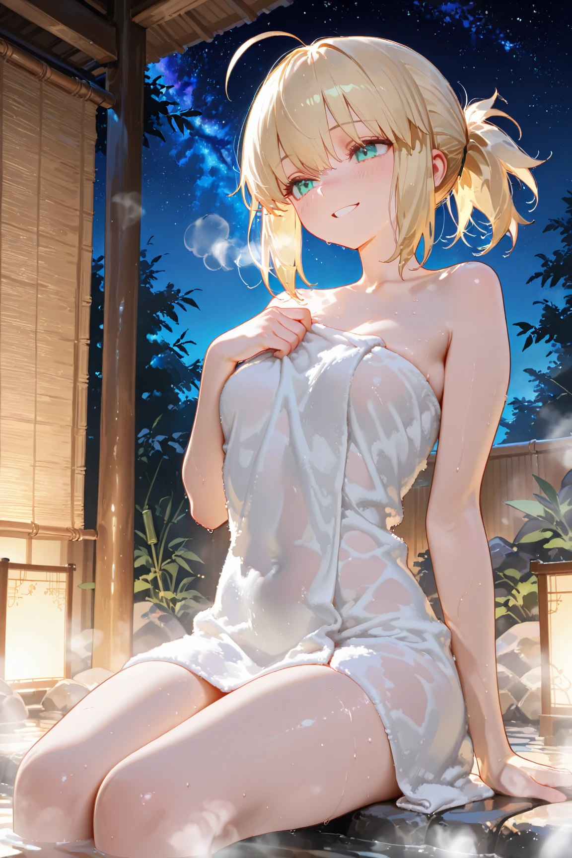 beatrixamerhauser, beatrix amerhauser, long hair, blue eyes, blonde hair,ponytail, (medium breast:1.2),
BREAK japanese clothes,white kimono,wet kimano, yukata,cleavege,neckline,black choker,
BREAK looking at viewer,
BREAK outdoors, onsen,night,steam,wet,stars,starfall,hot water,
BREAK (masterpiece:1.2), best quality, high resolution, unity 8k wallpaper, (illustration:0.8), (beautiful detailed eyes:1.6), extremely detailed face, perfect lighting, extremely detailed CG, (perfect hands, perfect anatomy),from above,nipples,transparent kimano,