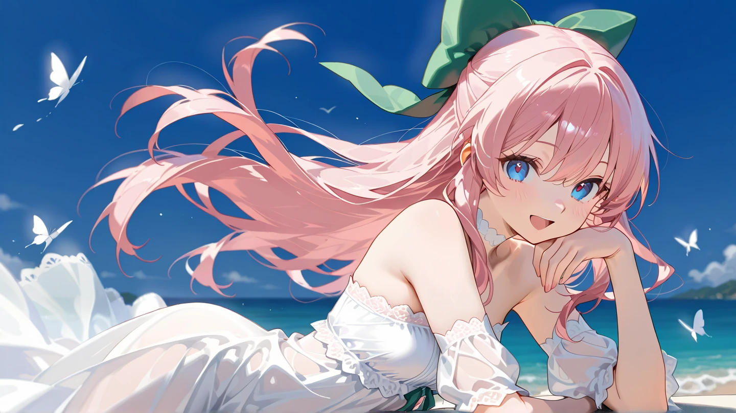(1 demon girl), masterpieces, 8k, ultra HD, prim, white summer dress, straw hat with flowers, front lighting, walking on beach, hand, demon girl, demon horns, multi colored hair, (blushing: 1.5), open mouth, licking finger, heart eyes, beautiful beach,