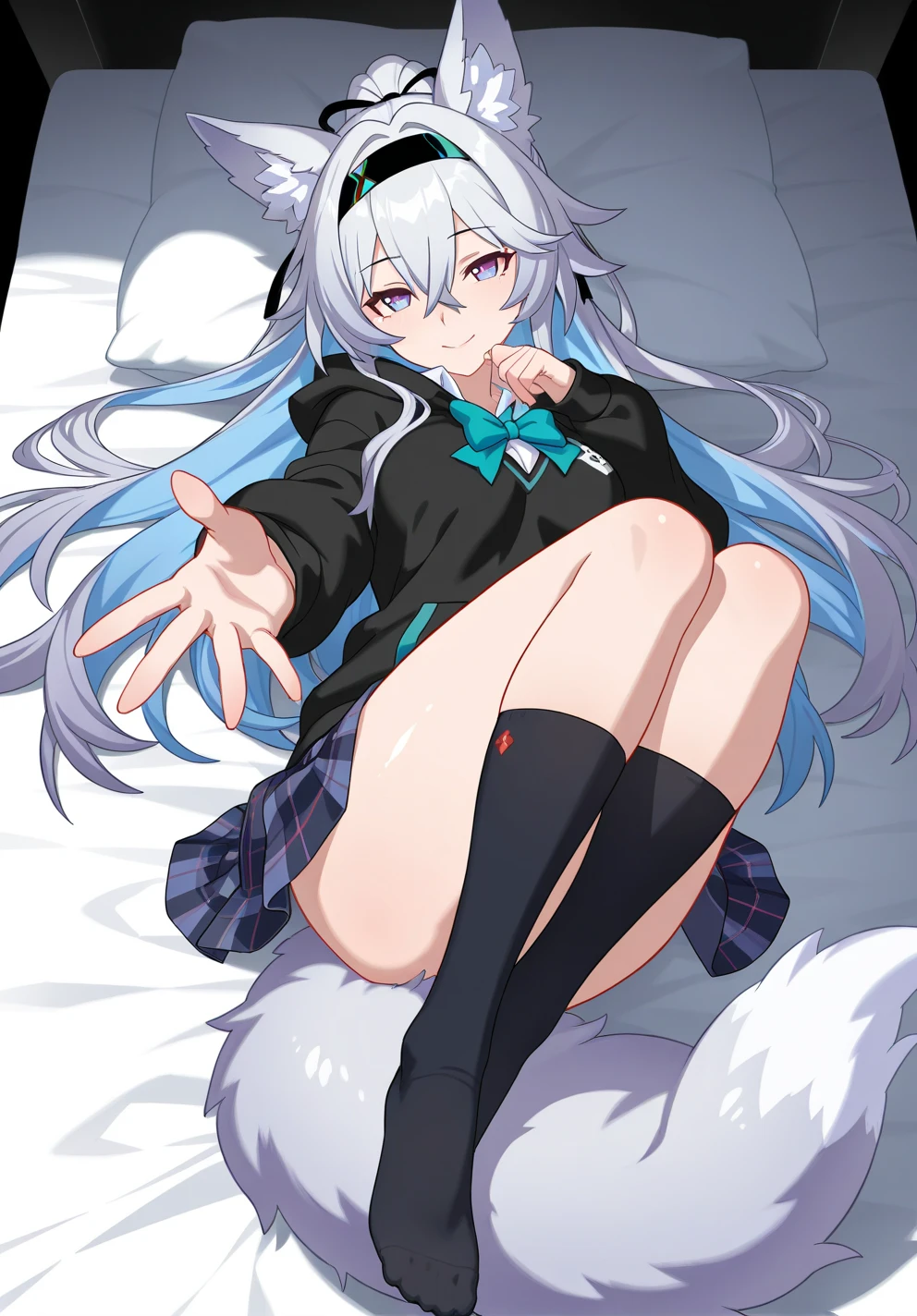 one girl, naive, beautiful white hair, cat ears, cute, spread legs, school blazer, small breasts, on bed, sex, legs, plaid skirt, creampie, drool, ecstatic, first sex, make out,