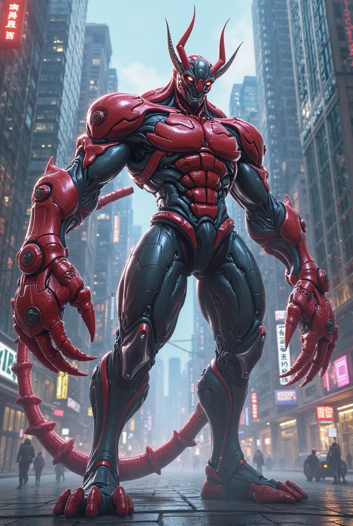 megan fox as a vampiric muscular red carnage, (mouth wide open with tongue out:1.25), (red carnage anatomic muscular bio-mecha muscle suit:1.25), (body totally covered in muscles, veins, tendons), (perfect muscular anatomy), (wide upper body:1.25), (thin legs:1.25), (beautiful face:1.25)