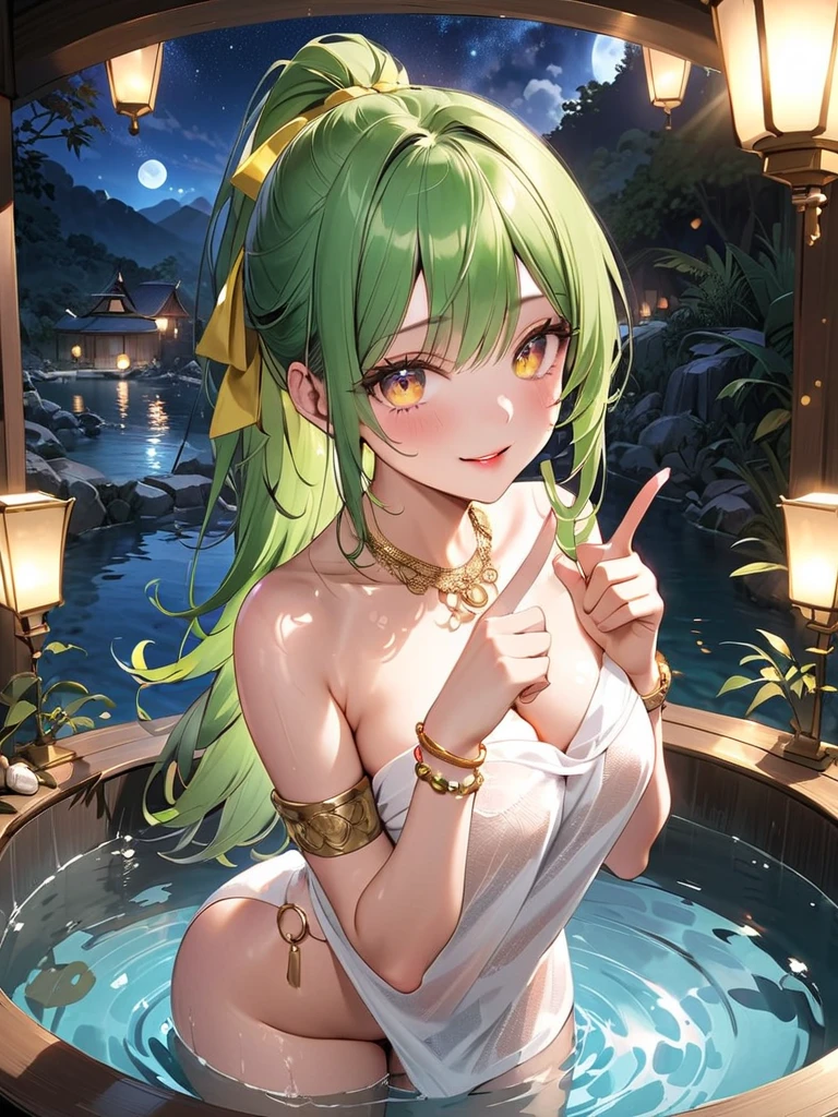 (from below:1),
(The girl in a hanten loincloth attire), JoJo pose,
brightest smile, big laugh, happy, fun, soft lighting, 
(The hanten-clad girl playing in the night pool shines at the illuminated poolside. Her figure is enveloped in vibrant light, radiating brilliance as she gracefully dances through the water with ease:1),
(rainbow glows ultra-detailed deep emeraldgreen purple eyes:1.1), (gradient eyes:1), (finely detailed beautiful eyes:1), (symmetrical eyes:1), (big highlight on eyes:1.2),
(Placing neon-colored lights around the pool area and underwater creates a mesmerizing and otherworldly glow),
(Projecting rainbow-colored lights onto the poolside or water surface creates a vibrant and colorful light display),
(Meteor shower, Ethereal haze, Rainbow glimmer, Dancing light beams, Floating glow),
(masterpiece:1.3), (illustration:1.1), (best quality:1.1), (best aethetic:1), (beautiful art:1.2), (ultra-detailed:1.2), (8k), (HDR), (sharp focus), (intricate),LowRA