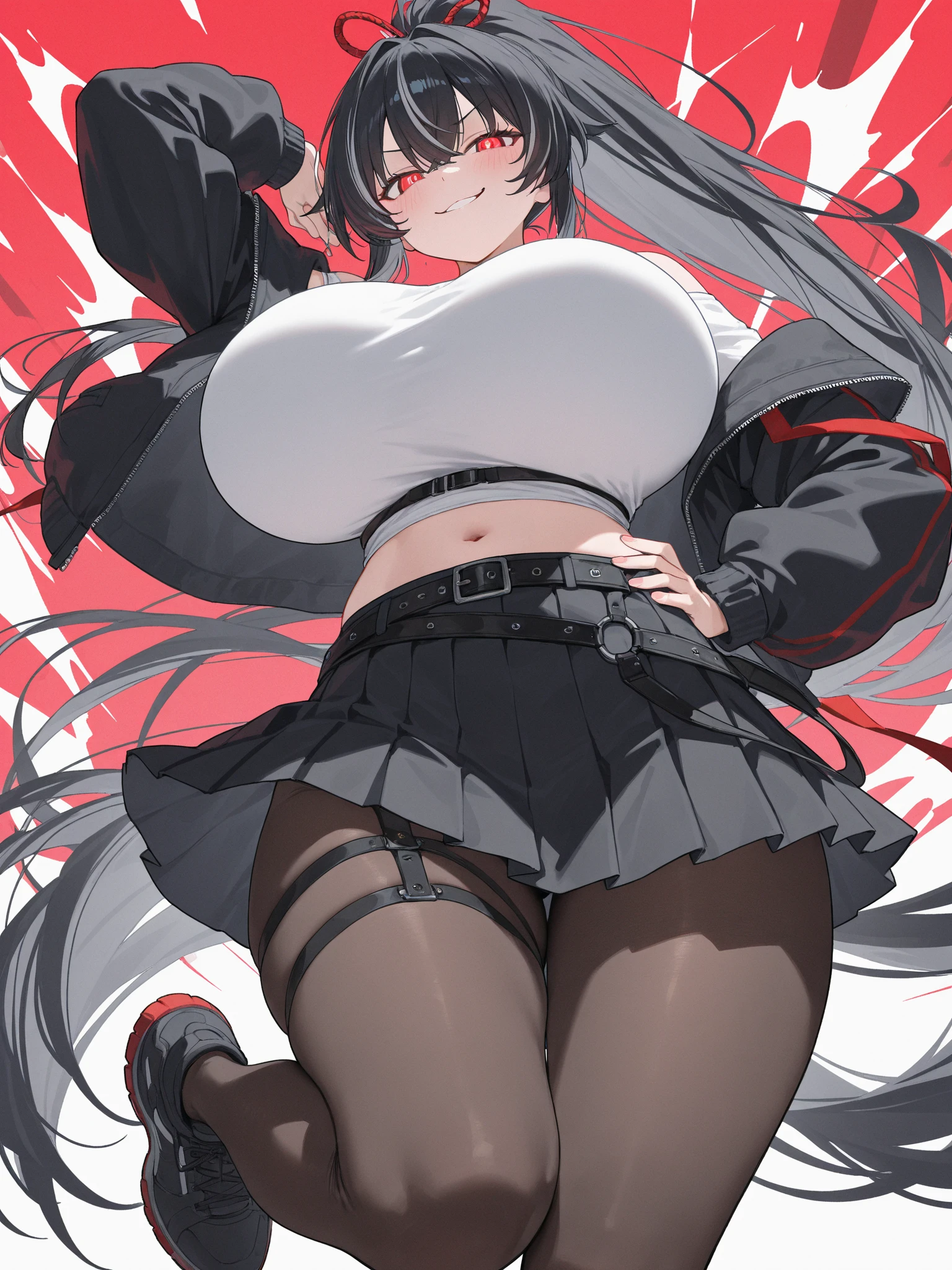 a masterpiece of,(perfect anatomia:1.4), best qualtiy, high_resolution, Fine details, highly detailed and beautiful, Distinct_image, (solo women), ,(huge-breasted), thighhigh,Long Black Hair,Anime girl in short skirt and jacket with jacket on shoulder, Fine details. girls' frontline, girls frontline style, from girls frontline, girls frontline cg, anime full body illustration, Realistic Schoolgirl, marin kitagawa fanart, girls frontline universe, girls' frontline, a hyperrealistic schoolgirl, full-body xianxia