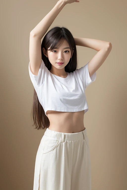 (((Open Stance)))、Large bust、 ((White lace T-shirt)), Gazing at the audience、((White shorts))、Standing with legs open to the sides、((Sexy young woman's body:1.4)),