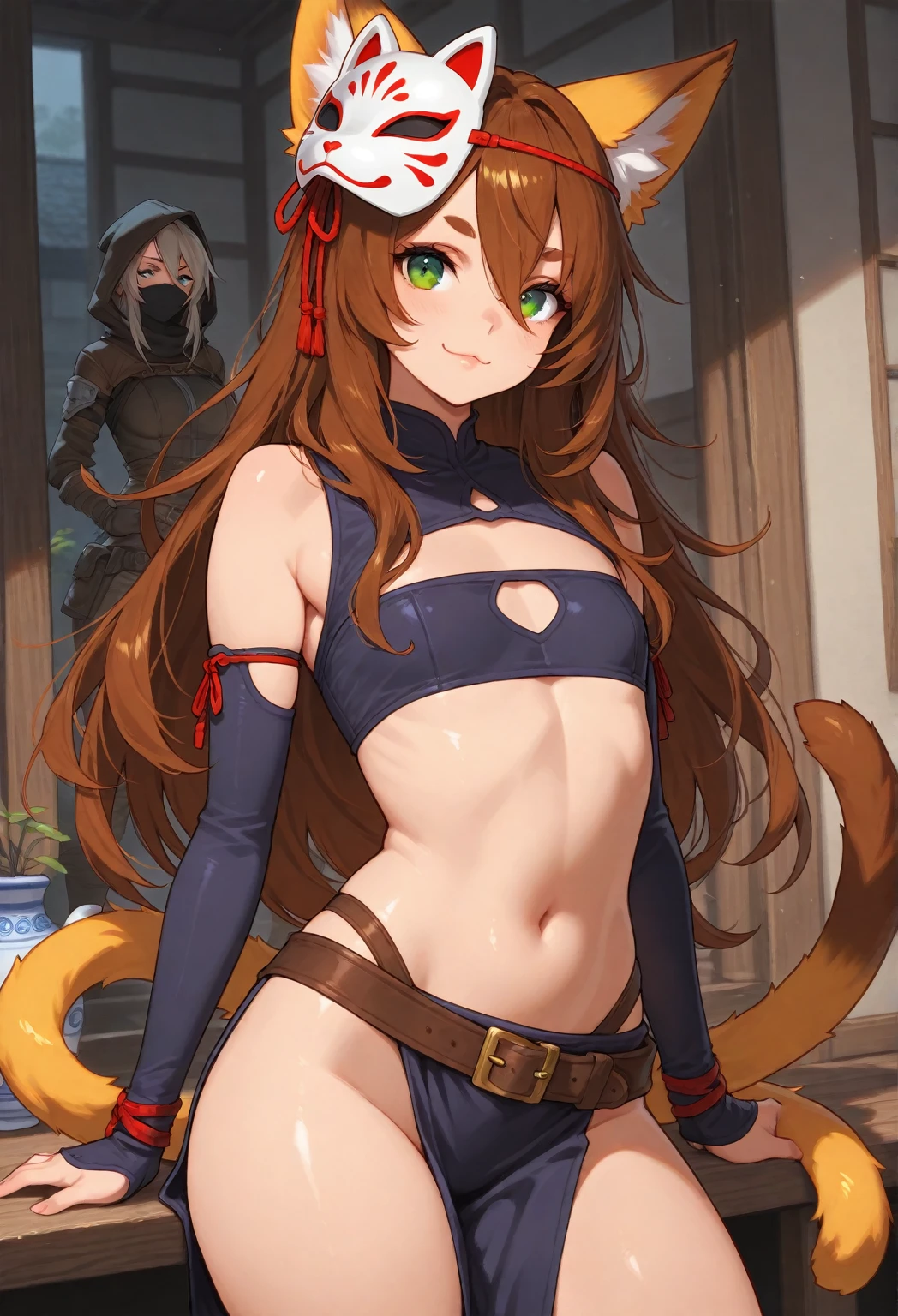 (Two braids, troll and blush face, Best Quality), ((Masterpiece)), (High Definition:1.3), Beautiful,(Masterpiece), Realistic, Beautiful photo, wide-shot, dirty street、raise hand、1girl, Slender small breasts、dog ear, light brown hair、Cute Beautiful Girl、Small Bikini