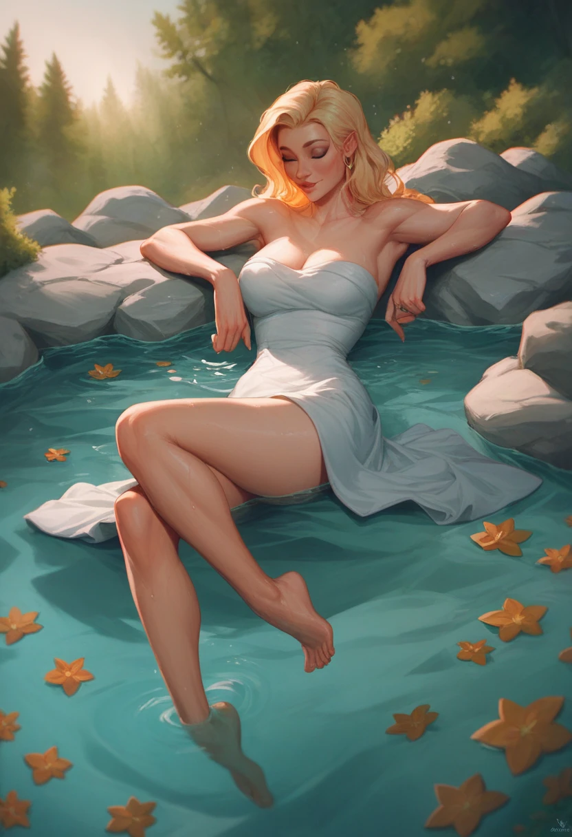 Ethereal, 4K, photo shot from a high angle, close-up portrait, highly-detailed, girl floating in a shallow pool of water, dressed in a light and airy dress, eyes closed, hair styled in loose waves, [Brie Larson|Scarlett Johansson], surrounded by a magical, underwater world with an ethereal, otherworldly glow and soft, pale colors